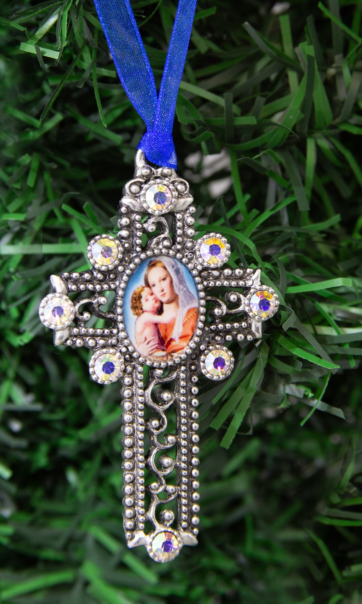 Symbols Of Faith Mother And Child AB Crystal Blue Ribbon Cross Christmas Tree Ornament