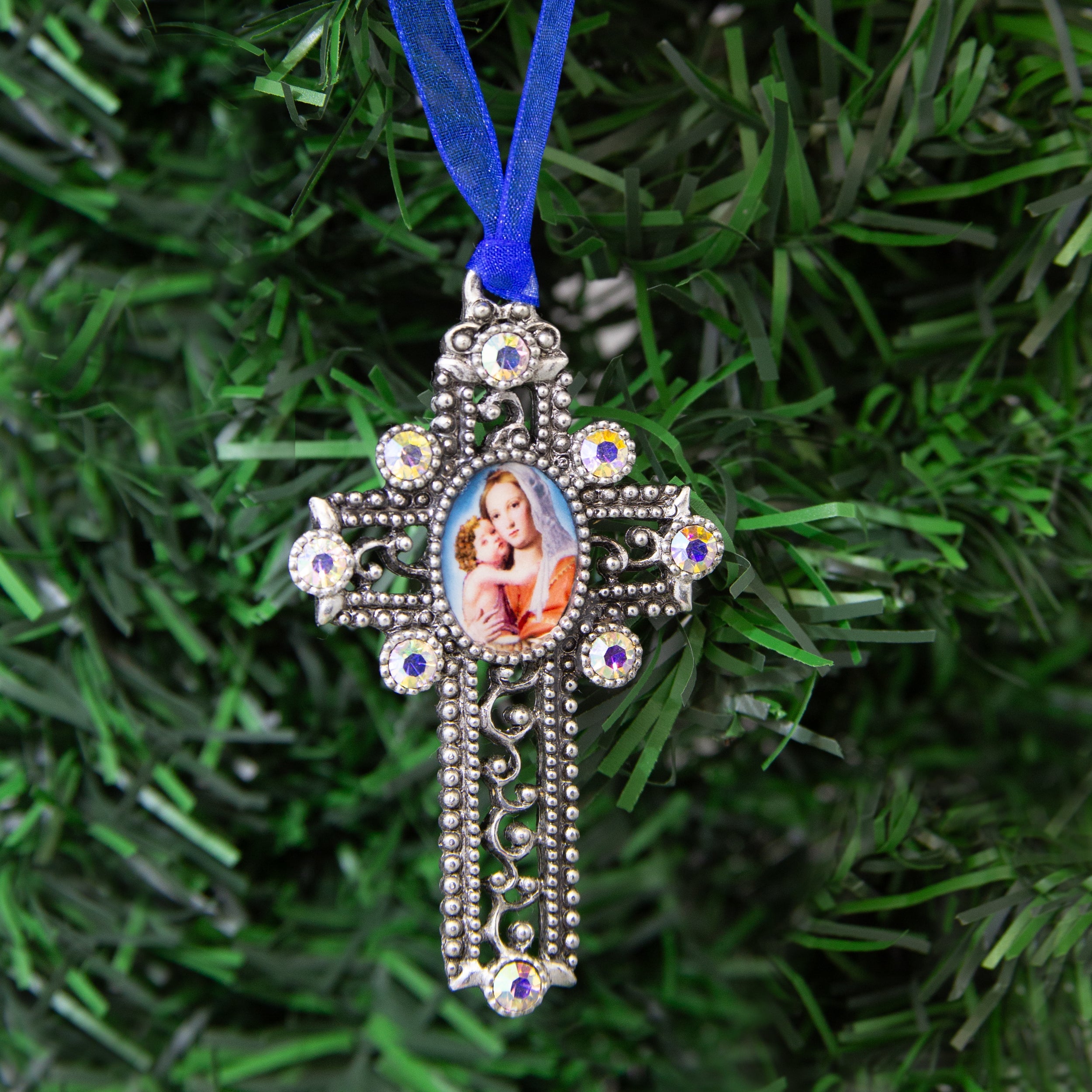 Symbols Of Faith Mother And Child AB Crystal Blue Ribbon Cross Christmas Tree Ornament