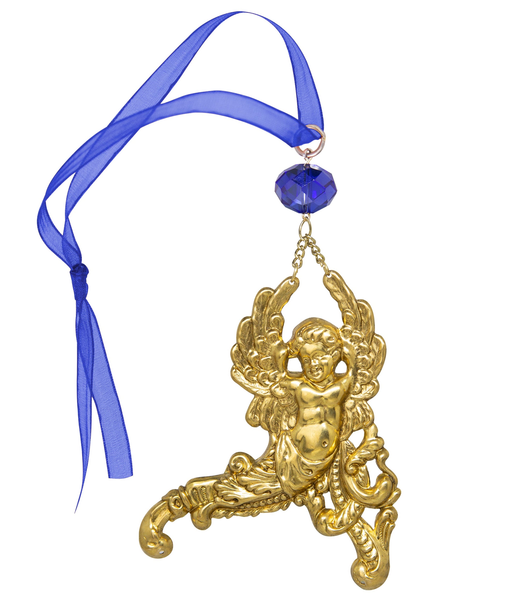 Symbols Of Faith Winged Cherub Crystal Blue Crystal & Ribbon Christmas Tree Ornament