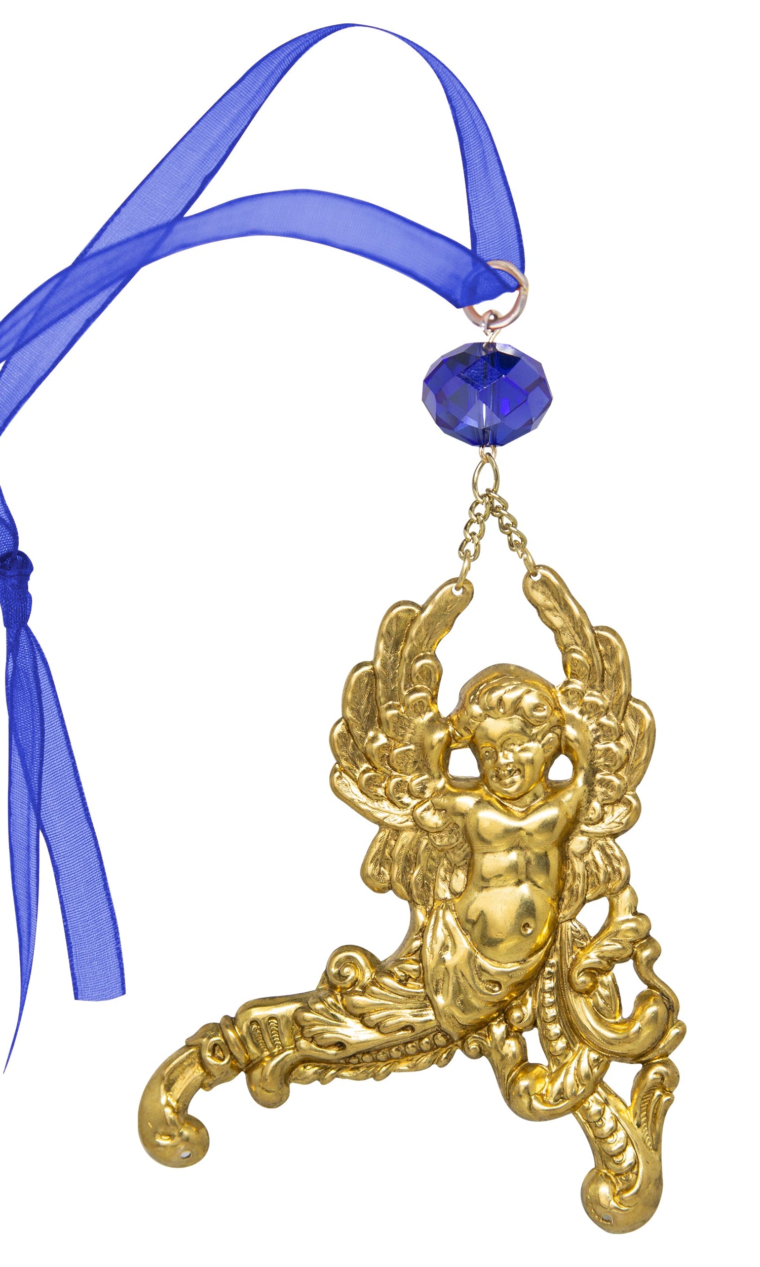 Symbols Of Faith Winged Cherub Crystal Blue Crystal & Ribbon Christmas Tree Ornament