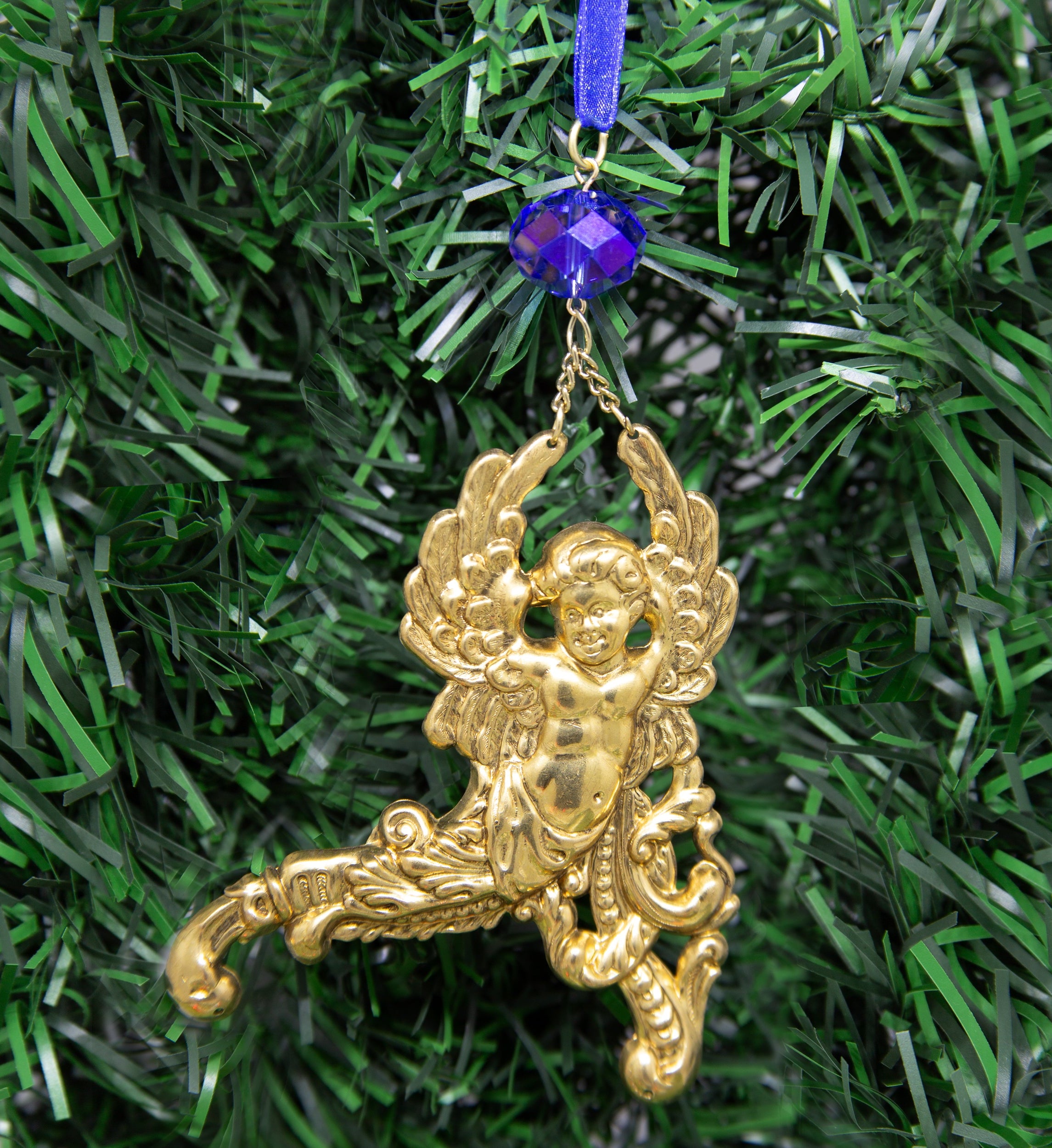 Symbols Of Faith Winged Cherub Crystal Blue Crystal & Ribbon Christmas Tree Ornament