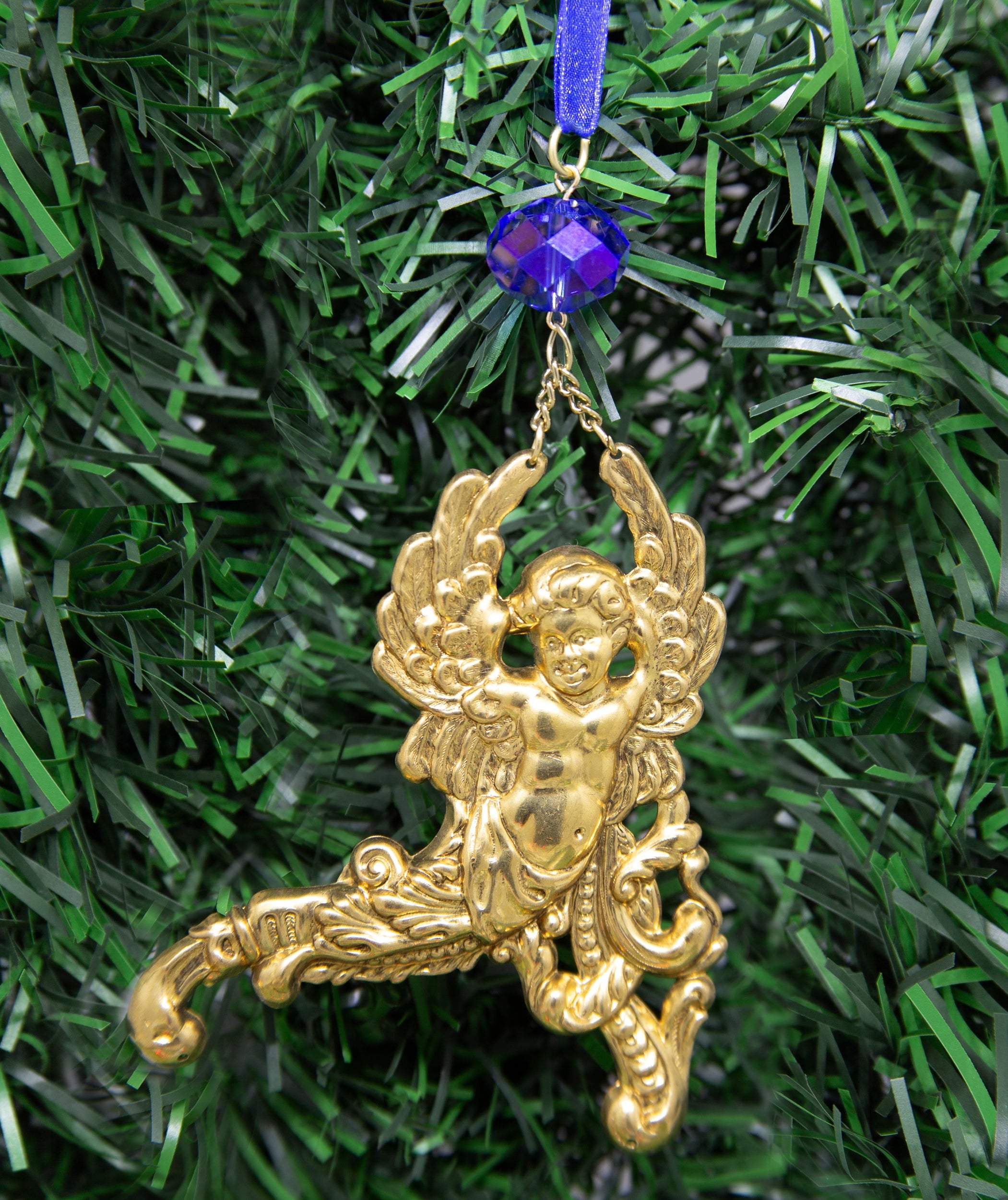 Symbols Of Faith Winged Cherub Crystal Blue Crystal & Ribbon Christmas Tree Ornament