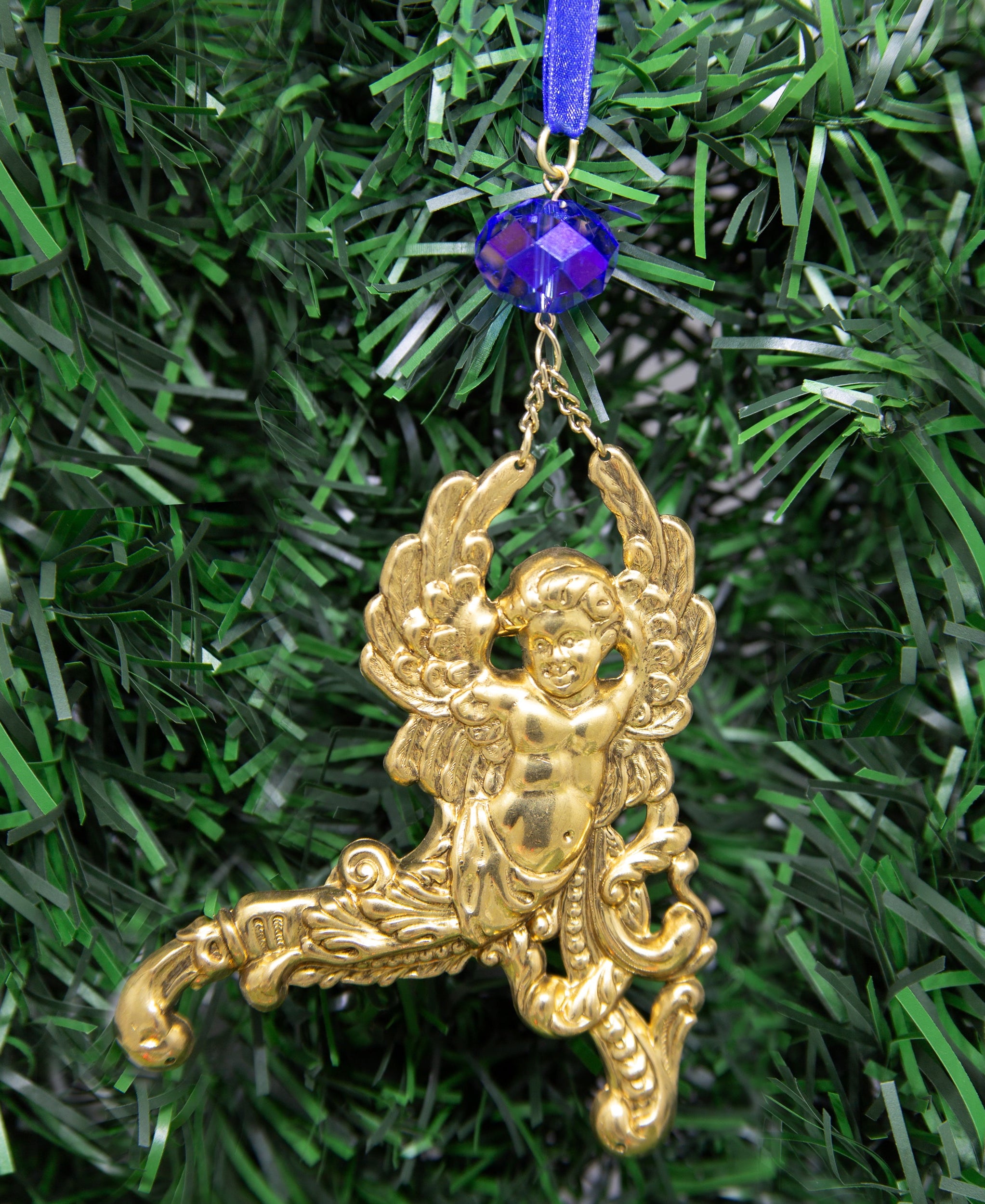 Symbols Of Faith Winged Cherub Crystal Blue Crystal & Ribbon Christmas Tree Ornament