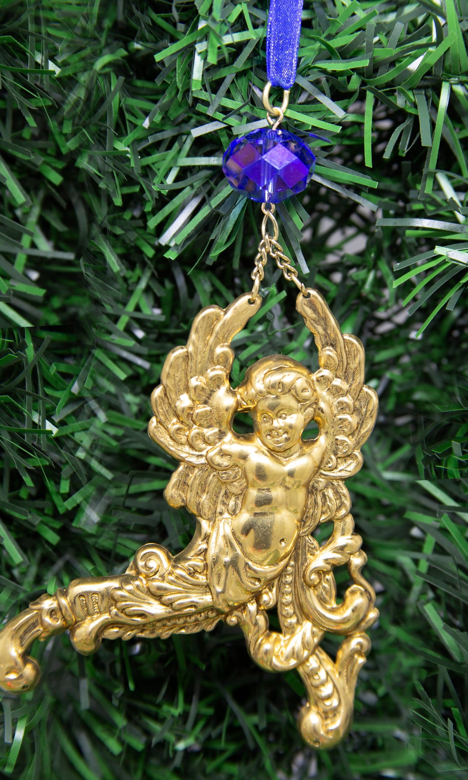 Symbols Of Faith Winged Cherub Crystal Blue Crystal & Ribbon Christmas Tree Ornament