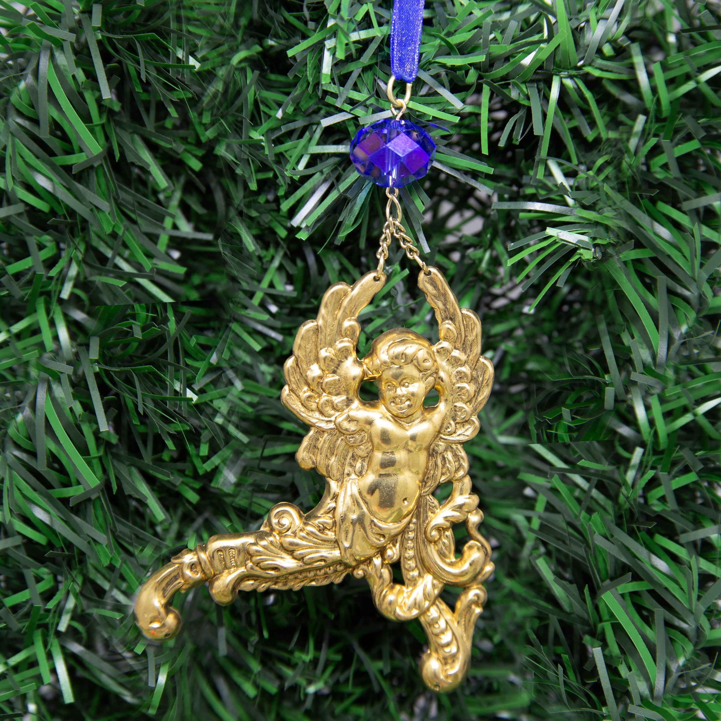 Symbols Of Faith Winged Cherub Crystal Blue Crystal & Ribbon Christmas Tree Ornament