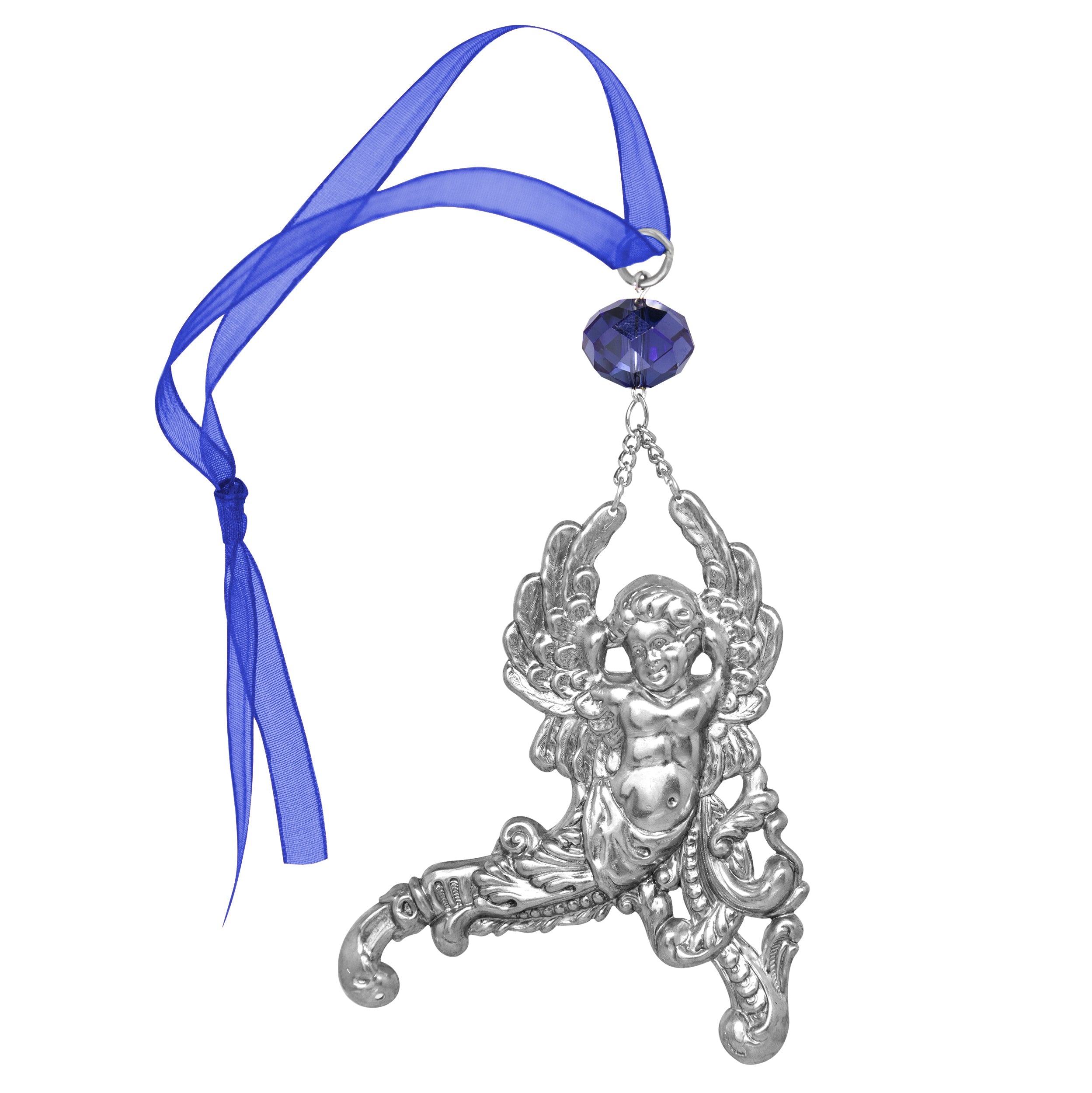Symbols Of Faith Winged Cherub Crystal Blue Crystal & Ribbon Christmas Tree Ornament