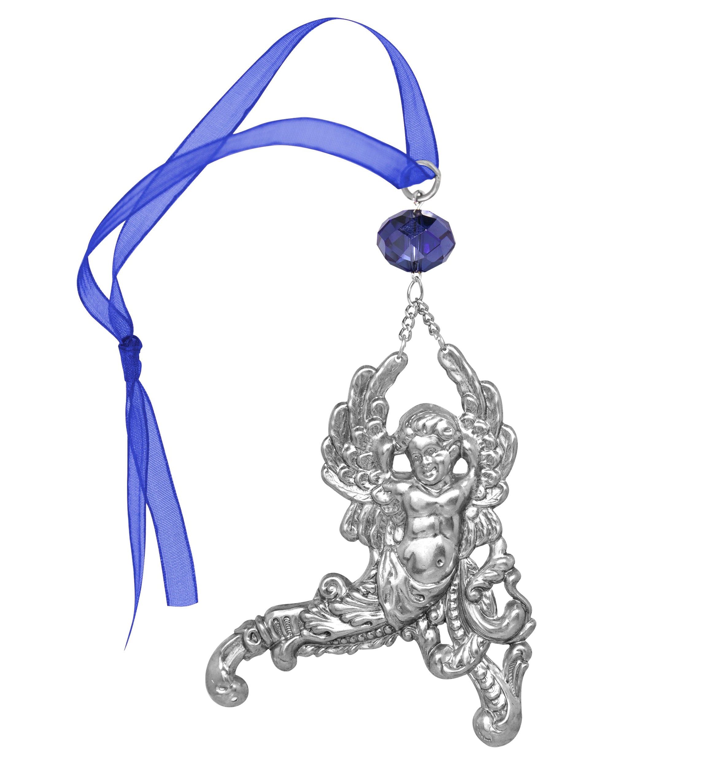 Symbols Of Faith Winged Cherub Crystal Blue Crystal & Ribbon Christmas Tree Ornament