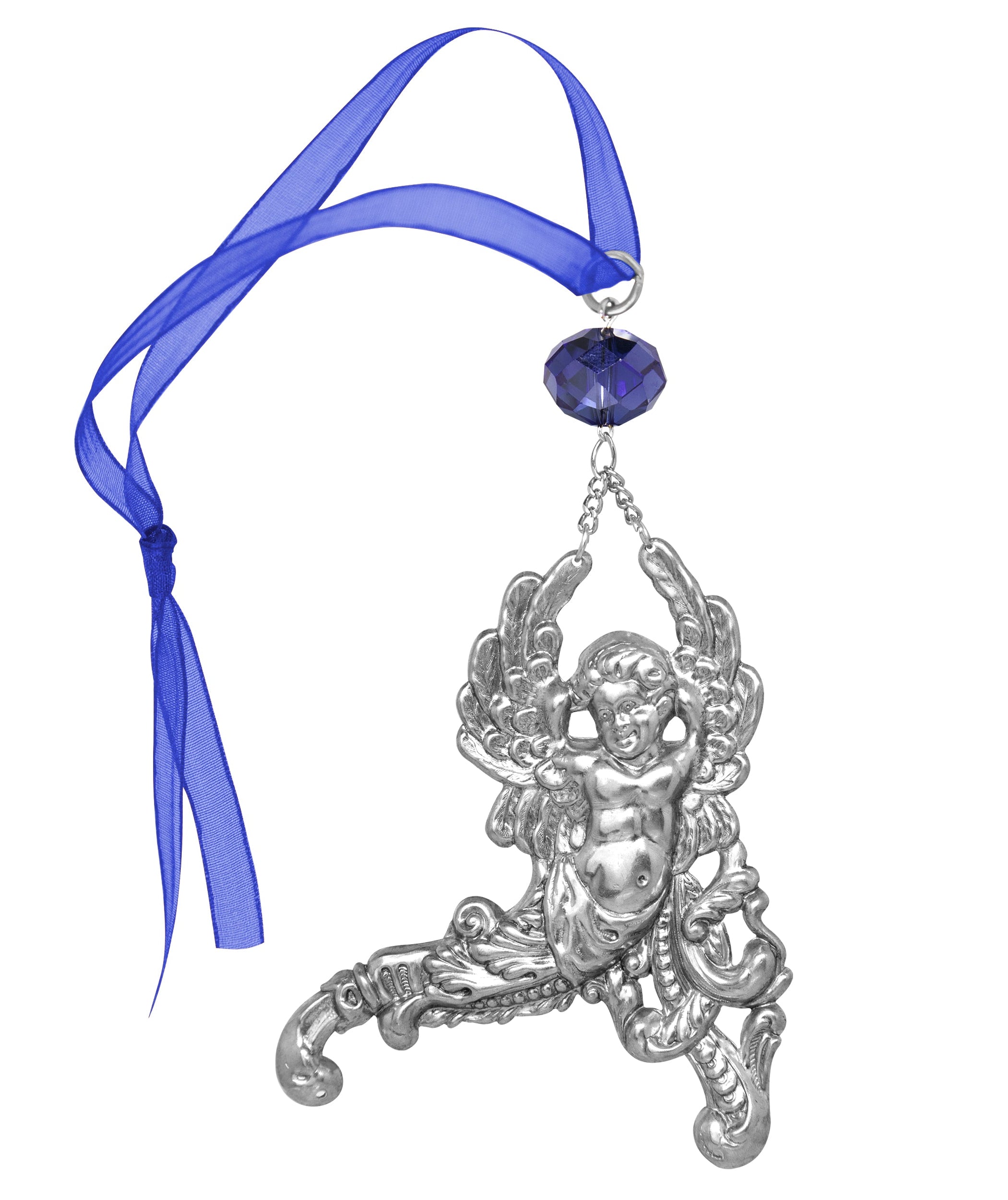 Symbols Of Faith Winged Cherub Crystal Blue Crystal & Ribbon Christmas Tree Ornament
