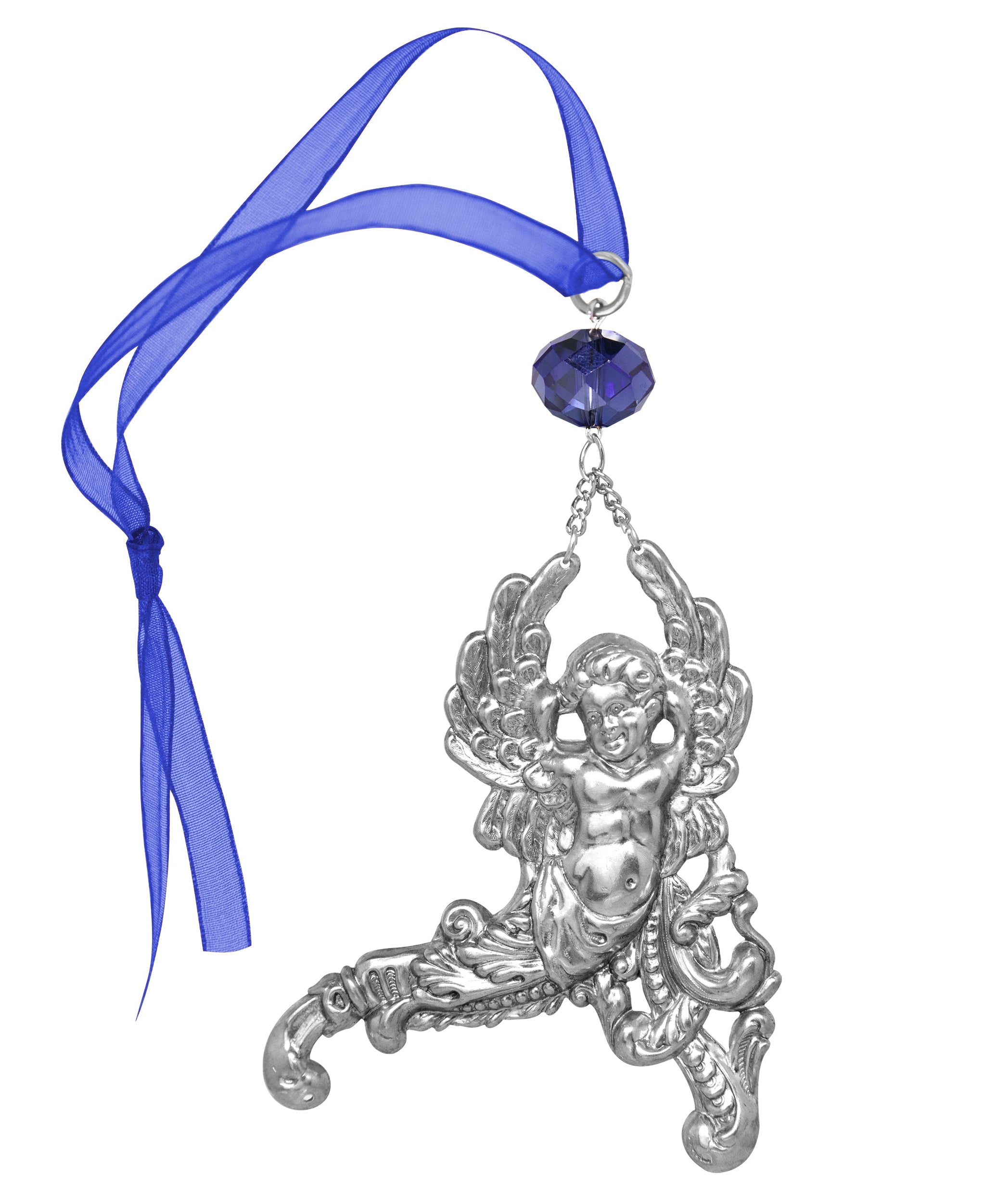 Symbols Of Faith Winged Cherub Crystal Blue Crystal & Ribbon Christmas Tree Ornament