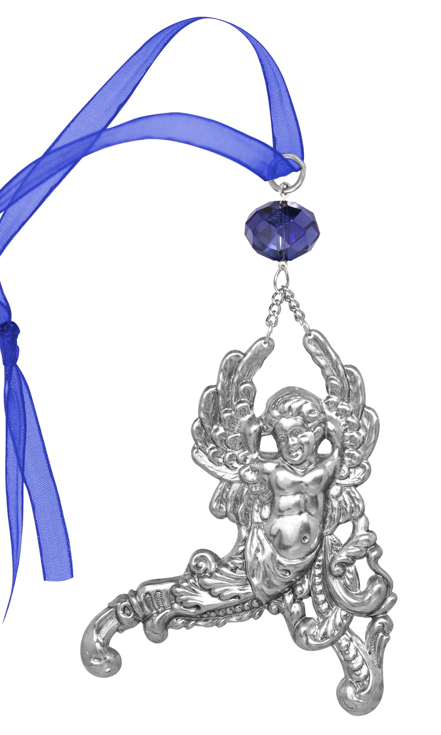 Symbols Of Faith Winged Cherub Crystal Blue Crystal & Ribbon Christmas Tree Ornament