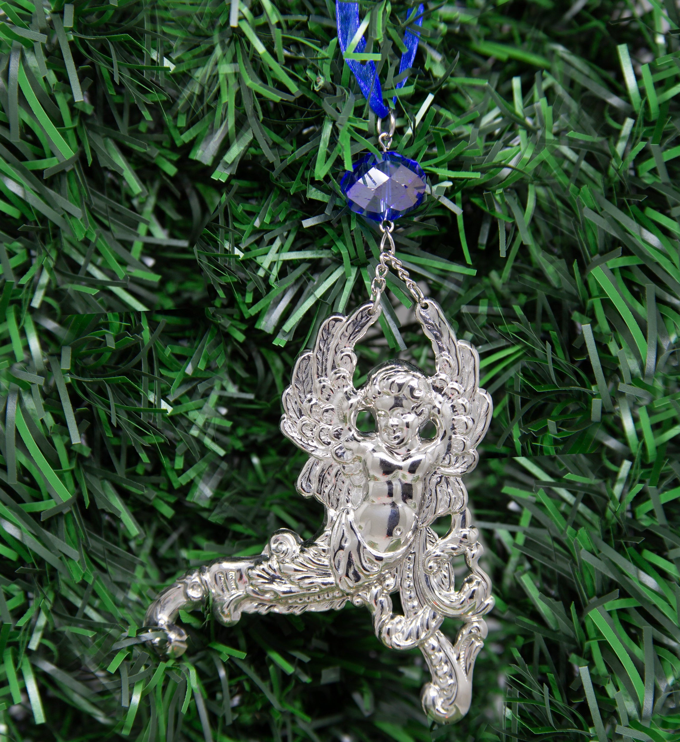 Symbols Of Faith Winged Cherub Crystal Blue Crystal & Ribbon Christmas Tree Ornament