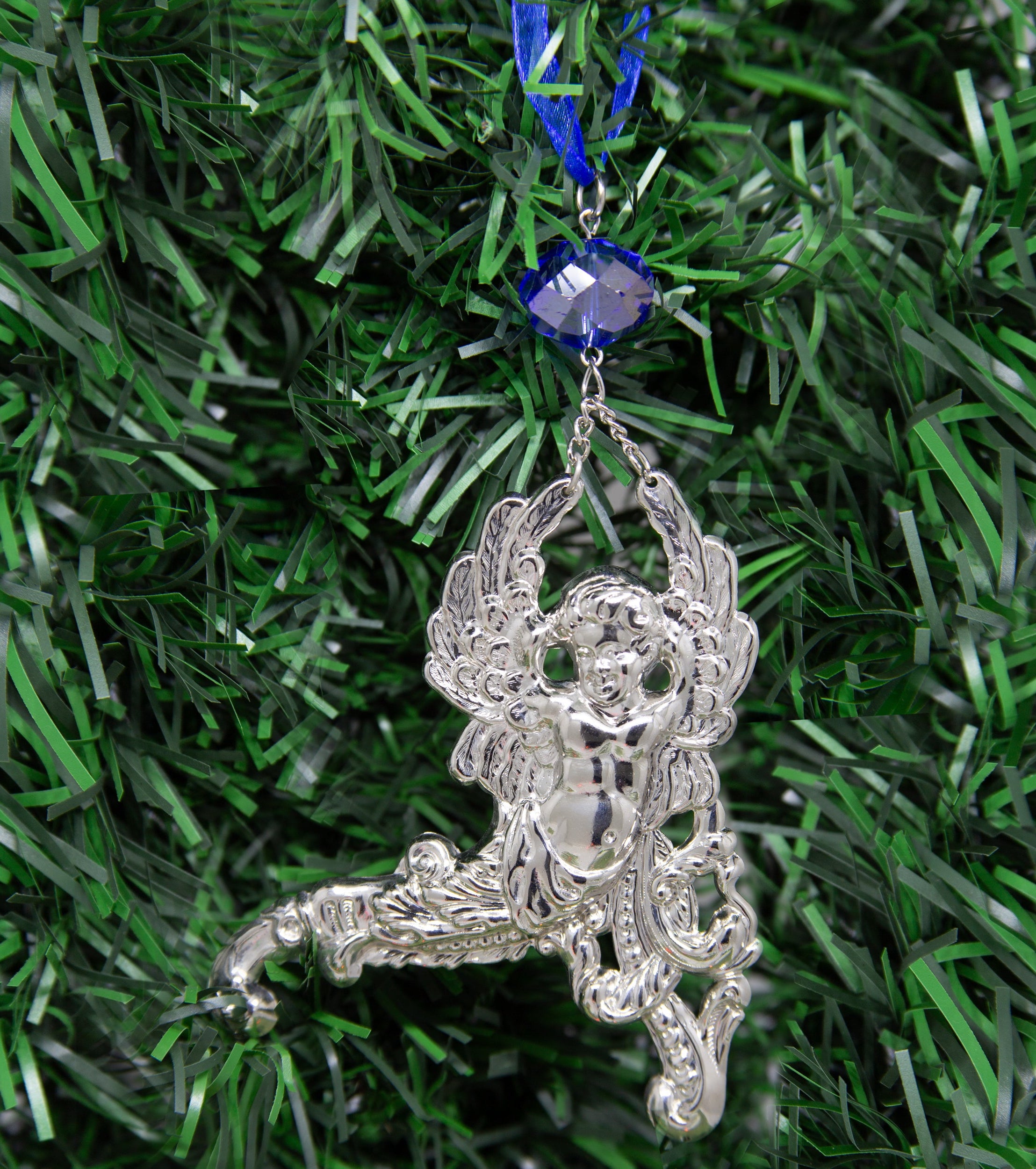 Symbols Of Faith Winged Cherub Crystal Blue Crystal & Ribbon Christmas Tree Ornament