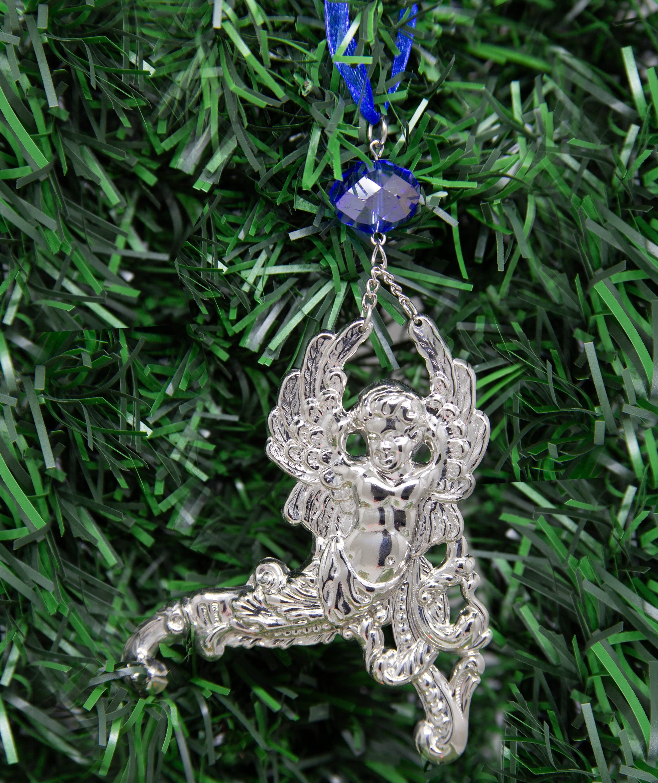 Symbols Of Faith Winged Cherub Crystal Blue Crystal & Ribbon Christmas Tree Ornament
