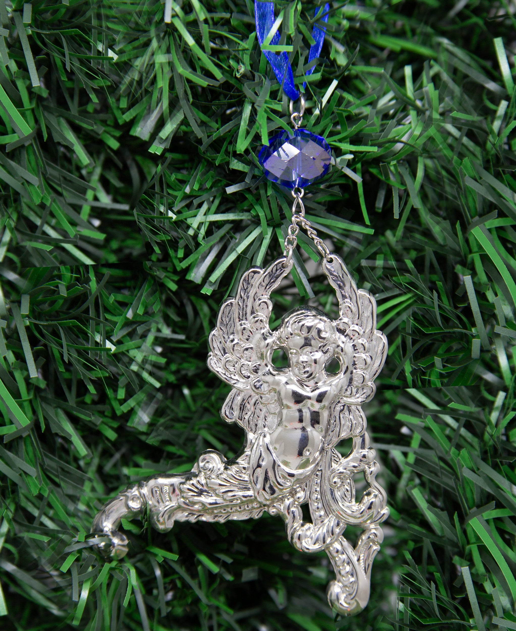 Symbols Of Faith Winged Cherub Crystal Blue Crystal & Ribbon Christmas Tree Ornament