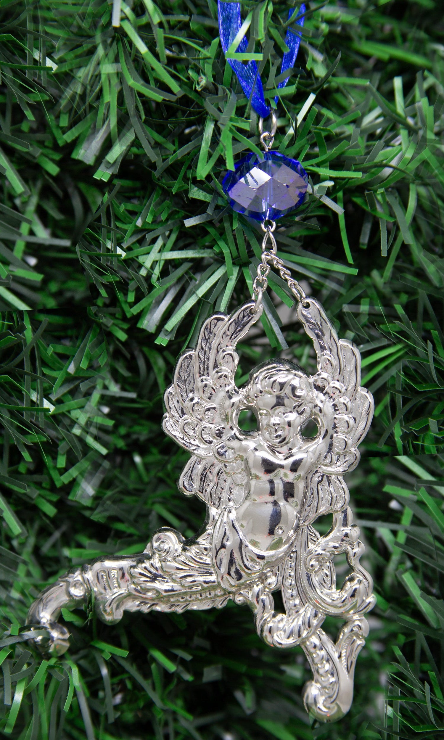 Symbols Of Faith Winged Cherub Crystal Blue Crystal & Ribbon Christmas Tree Ornament