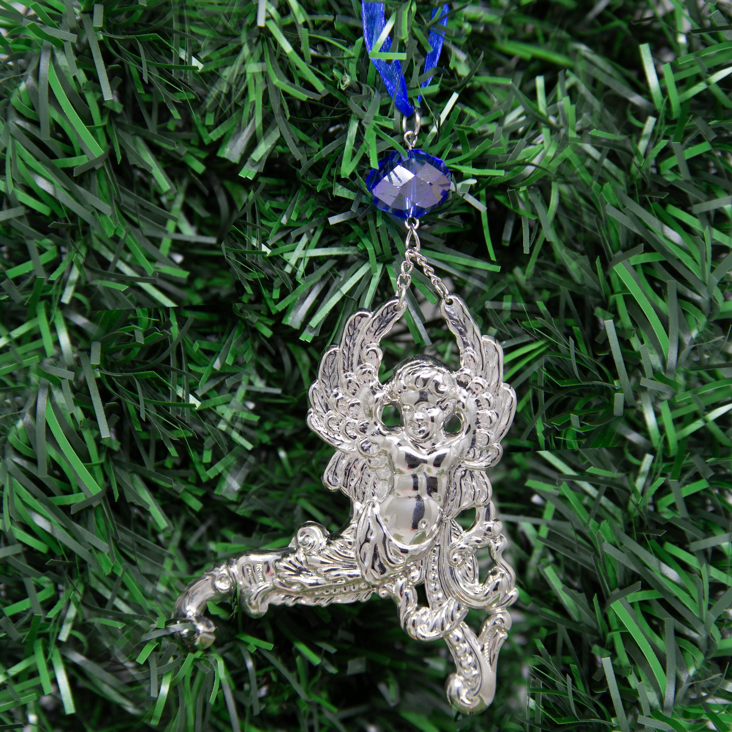 Symbols Of Faith Winged Cherub Crystal Blue Crystal & Ribbon Christmas Tree Ornament