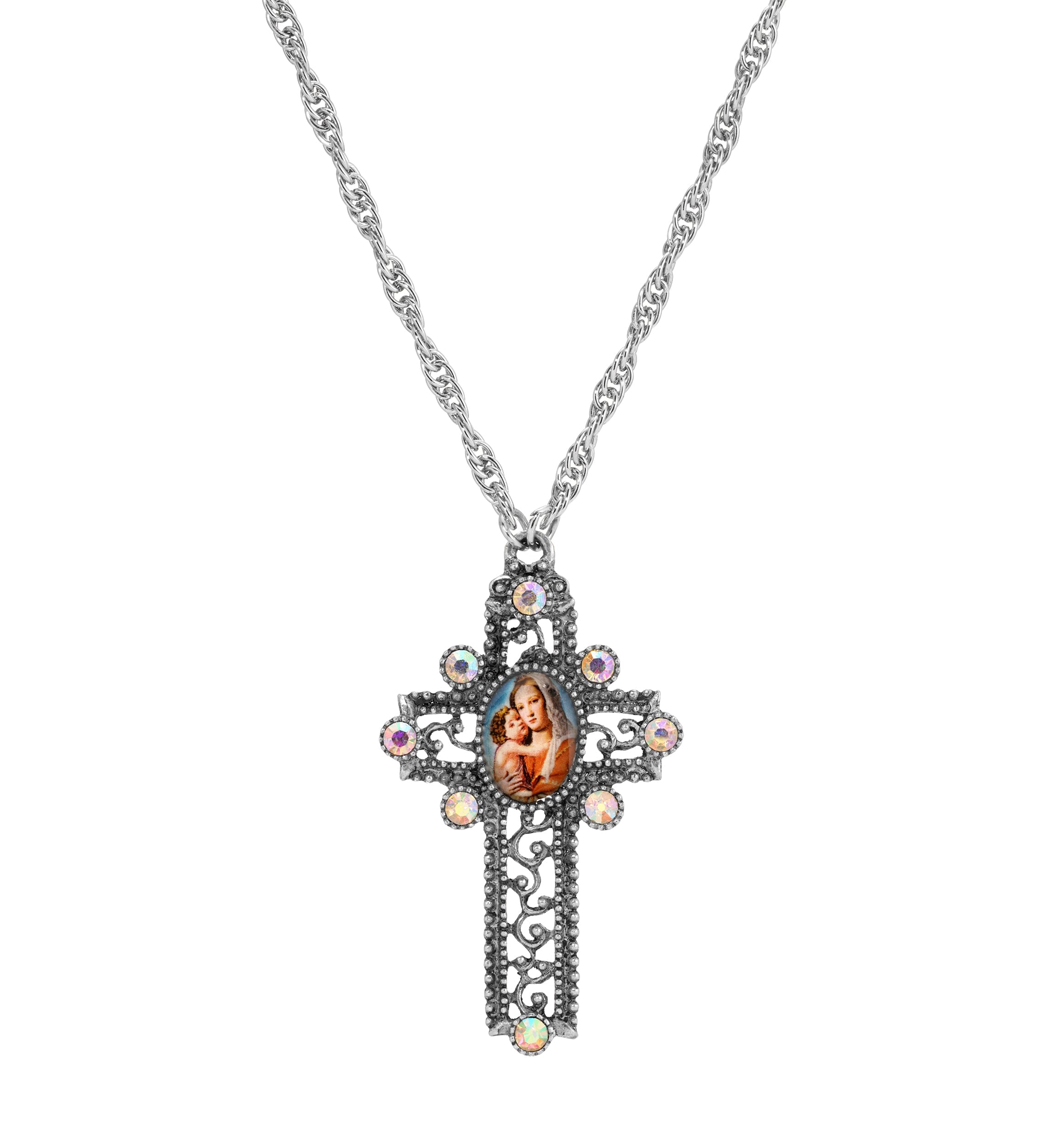 Symbols Of Faith Madonna and Child AB Crystal Openwork Scroll Cross Pendant Necklace 28"