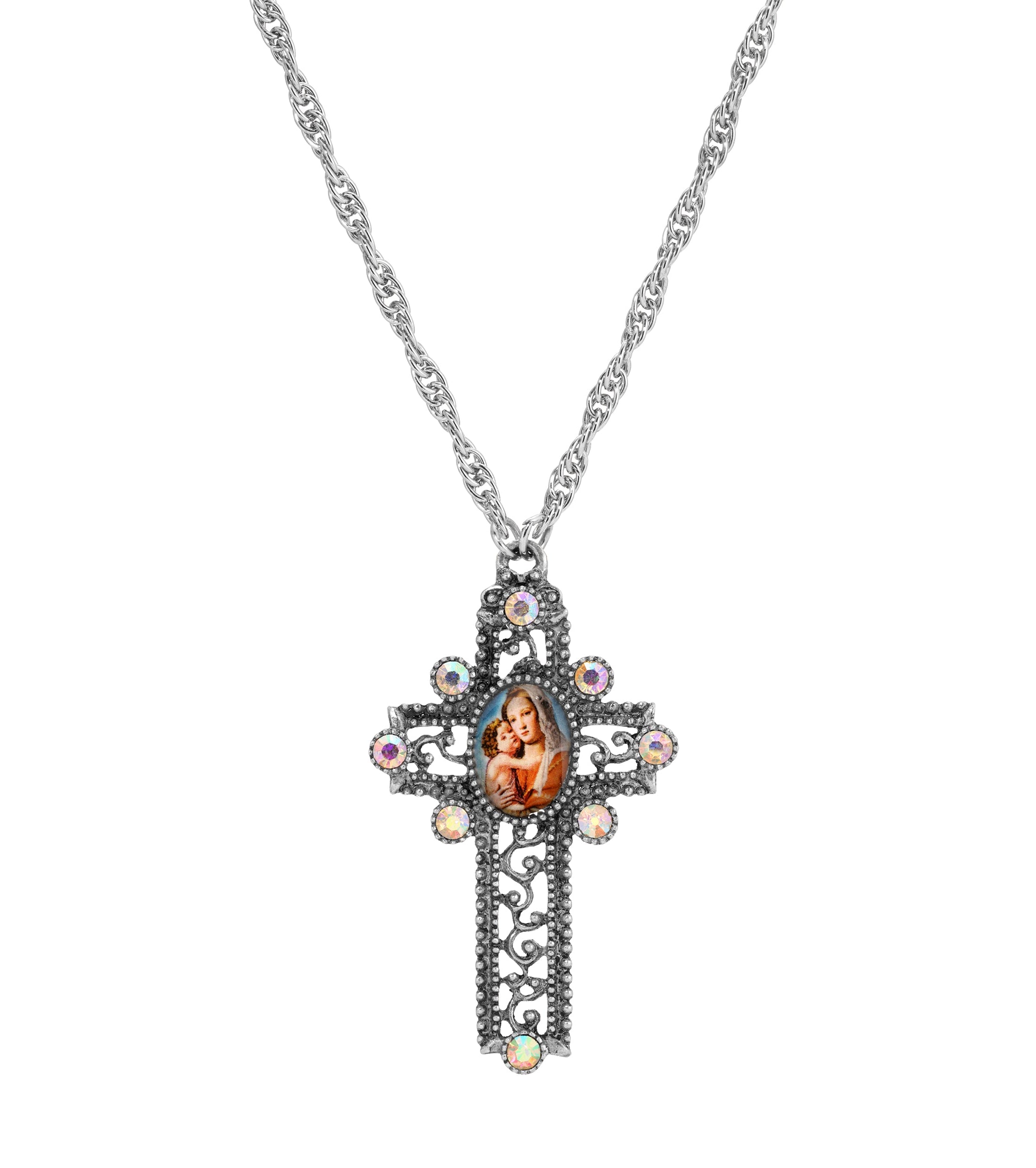 Symbols Of Faith Madonna and Child AB Crystal Openwork Scroll Cross Pendant Necklace 28"