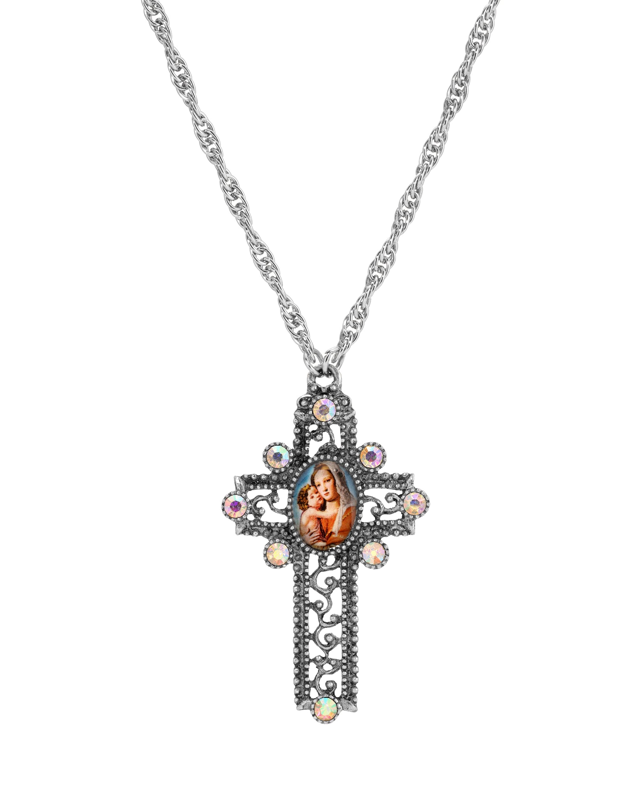 Symbols Of Faith Madonna and Child AB Crystal Openwork Scroll Cross Pendant Necklace 28"
