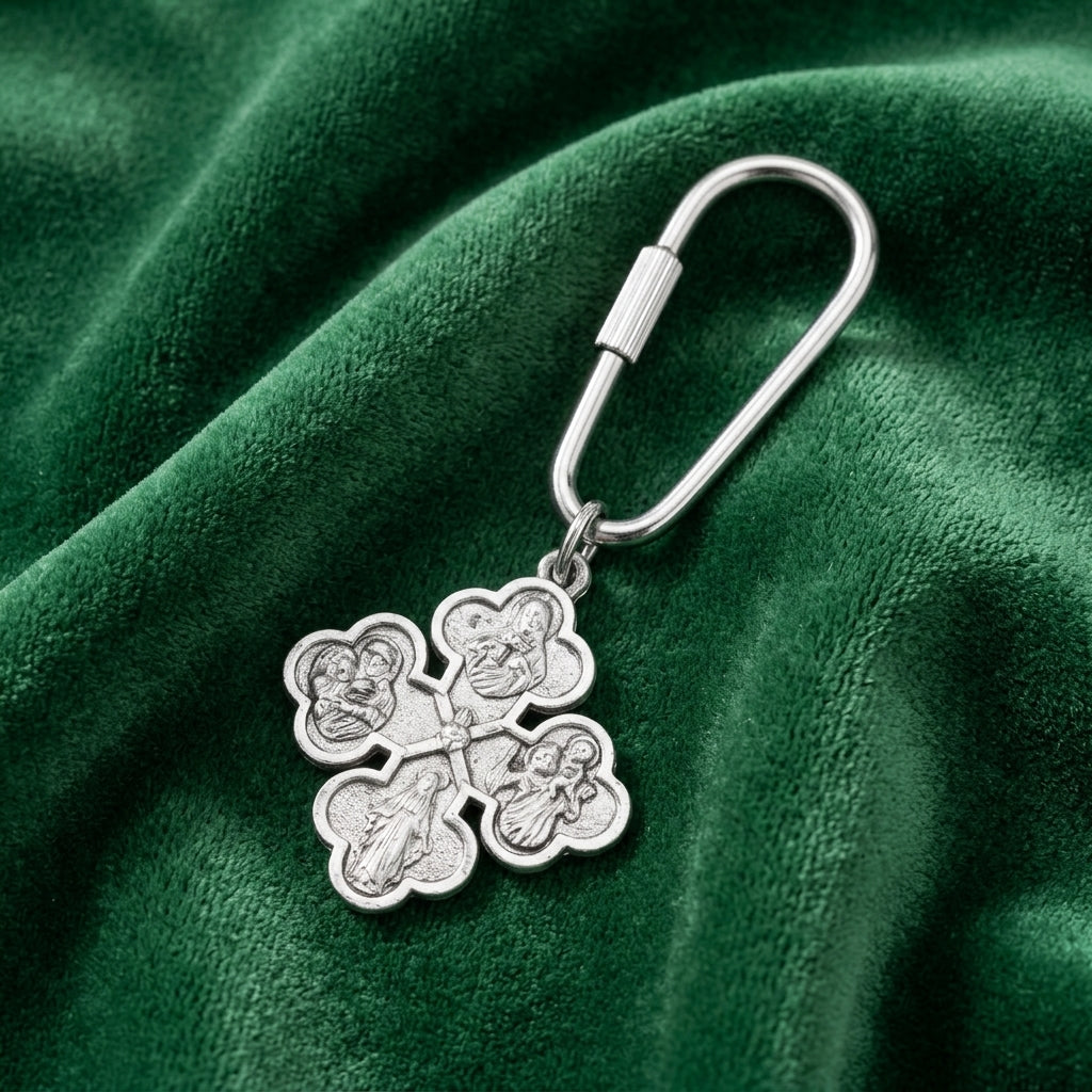 SIlver Four Ways of Devotion keychain on green satin fabric