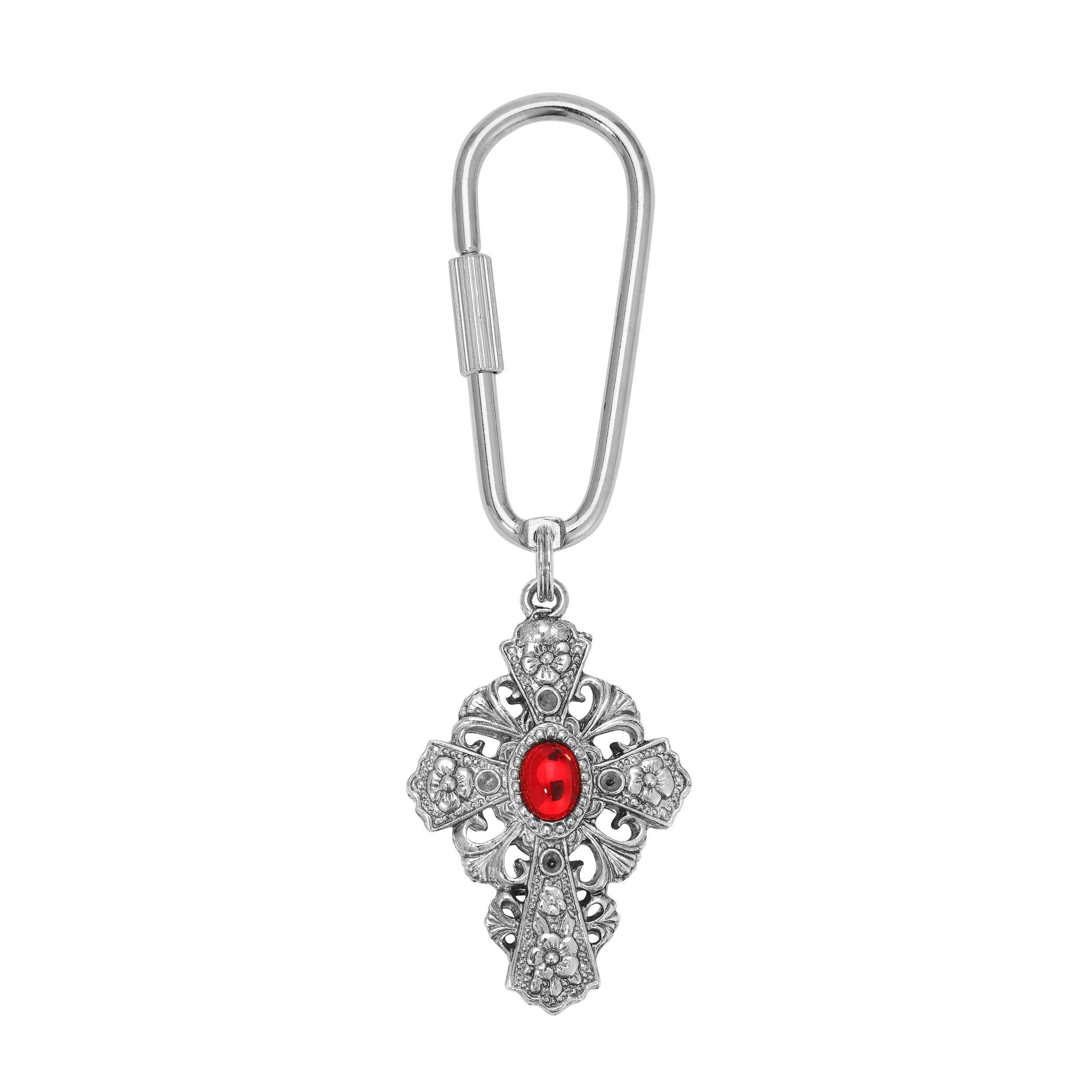 Silver Tone with Red Crystal Floral Cross Crystal and Stone Key Chain