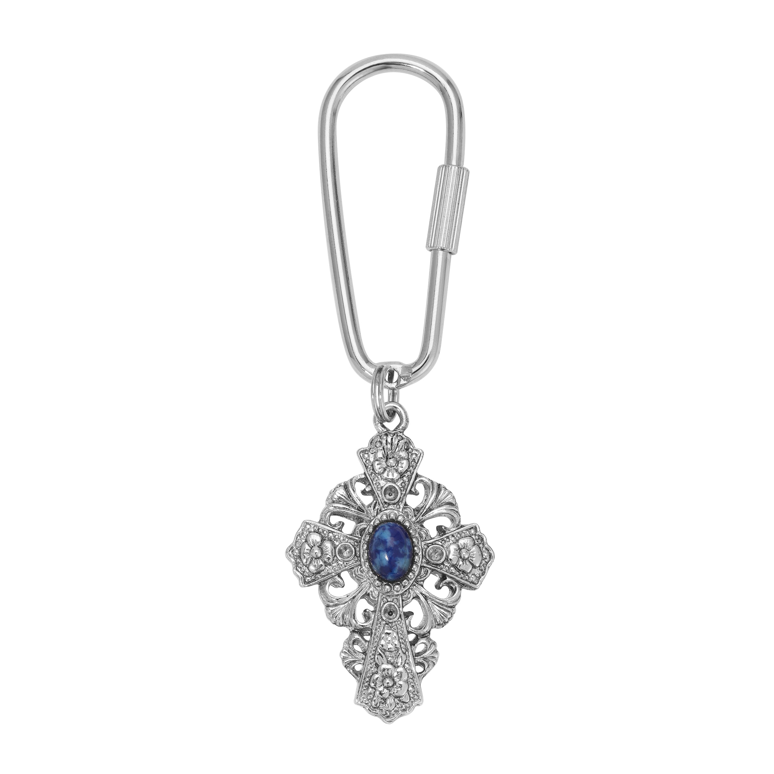 Silver tone with Blue Crystal Floral Cross Crystal and Stone Key Chain