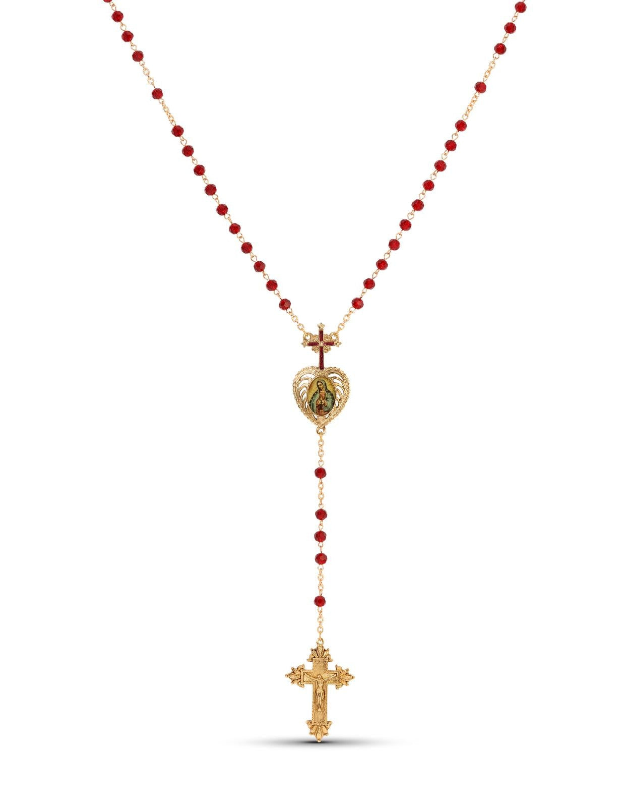 Symbols Of Faith Siam Red Crystal Our Lady of Guadalupe & Crucifix Rosary Necklace