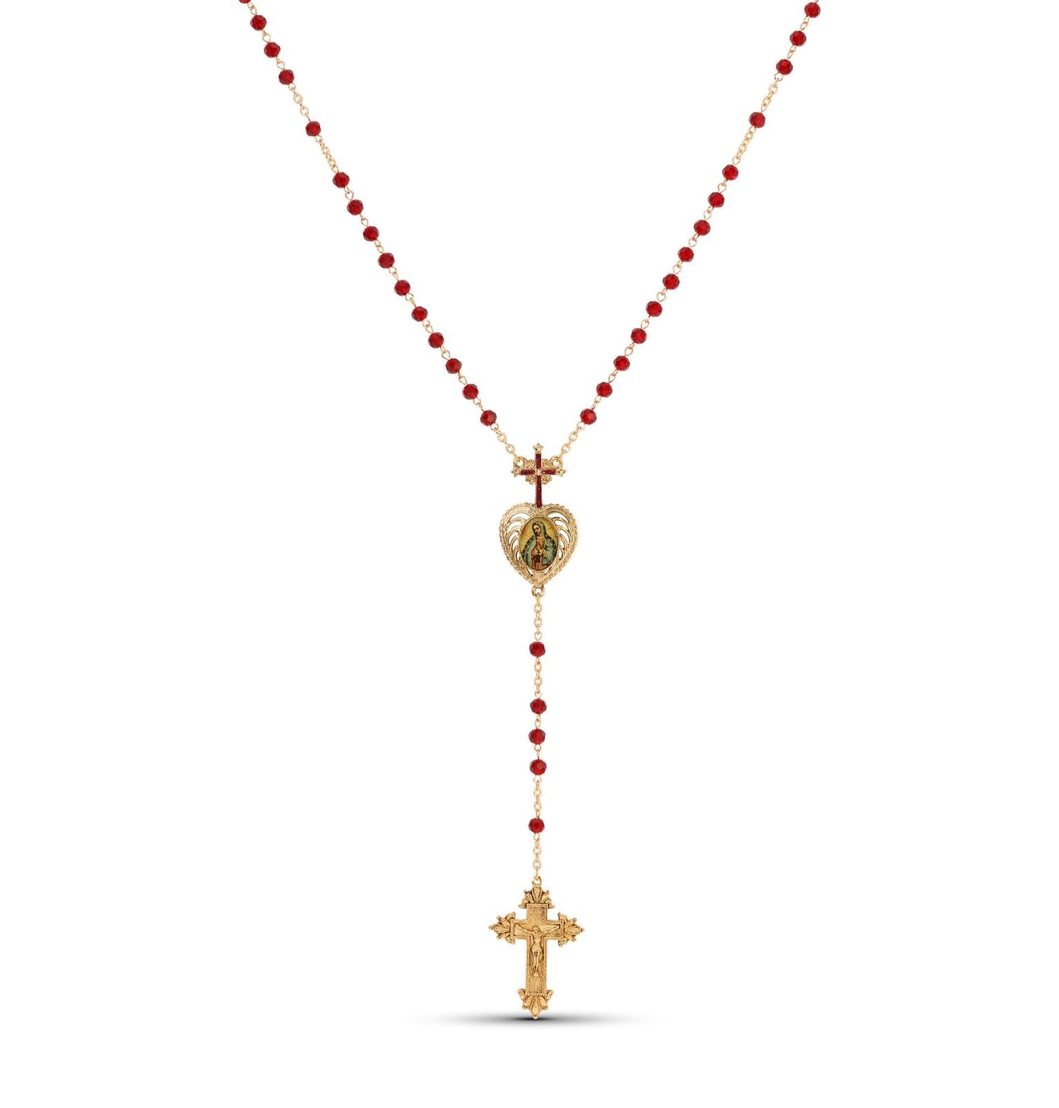 Symbols Of Faith Siam Red Crystal Our Lady of Guadalupe & Crucifix Rosary Necklace