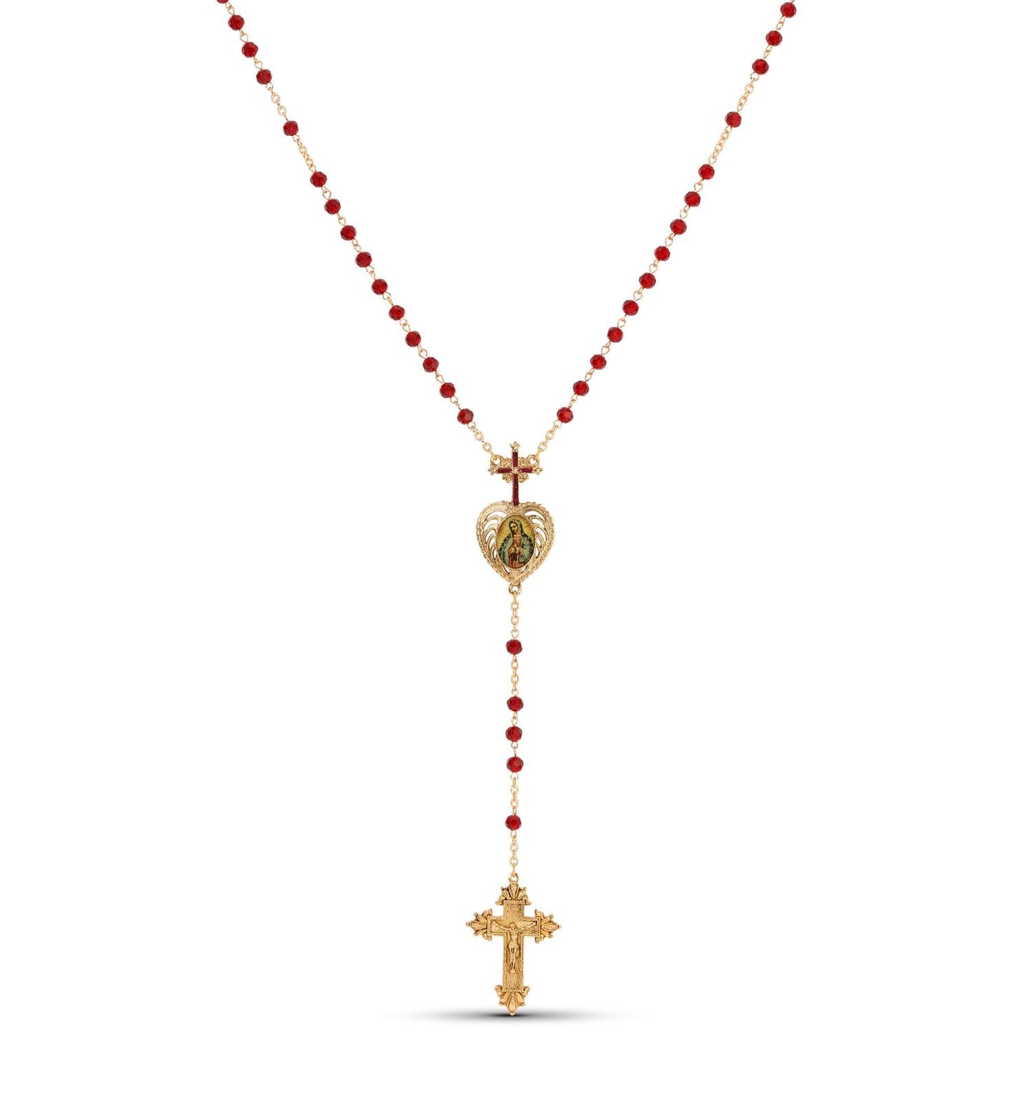 Symbols Of Faith Siam Red Crystal Our Lady of Guadalupe & Crucifix Rosary Necklace