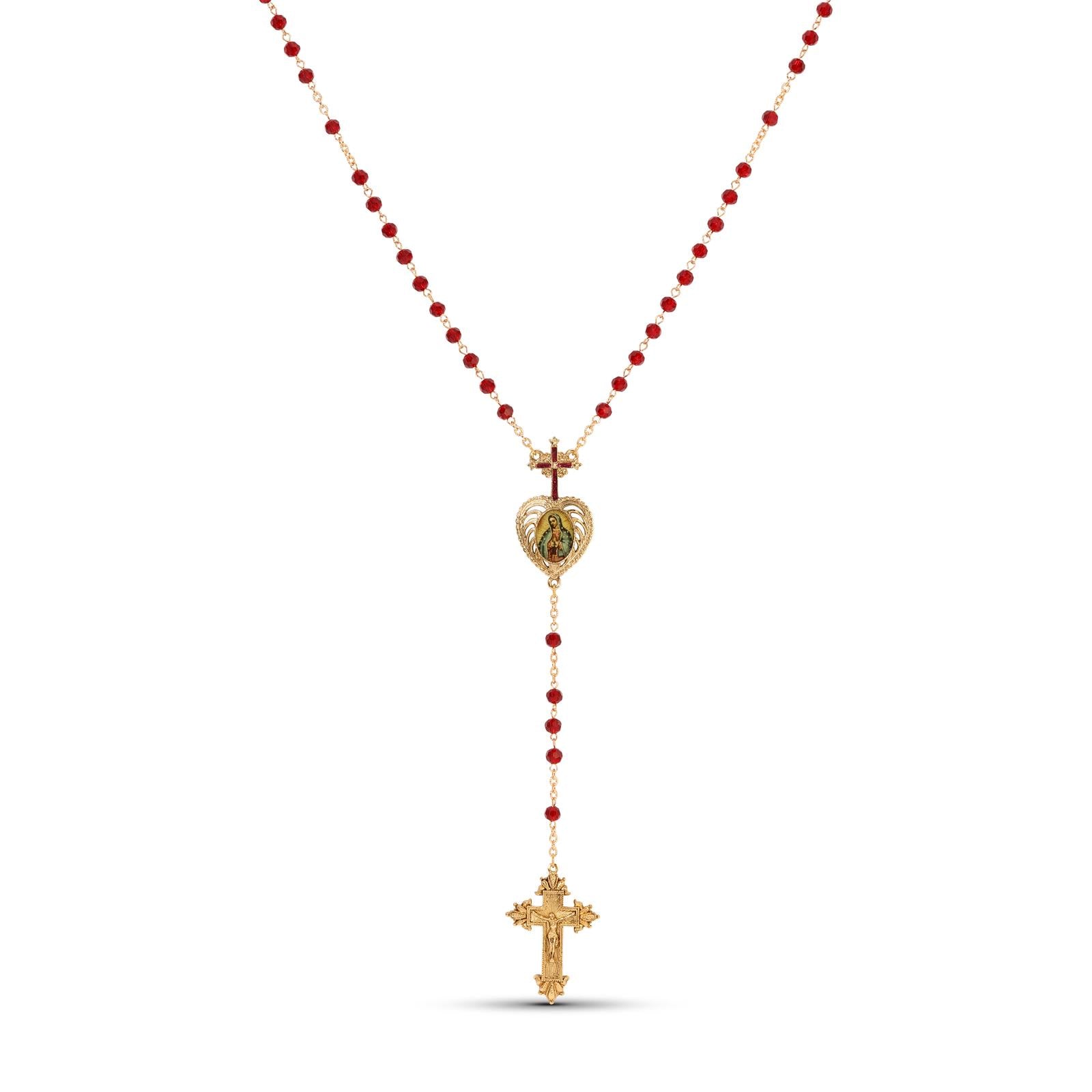 Symbols Of Faith Siam Red Crystal Our Lady of Guadalupe & Crucifix Rosary Necklace