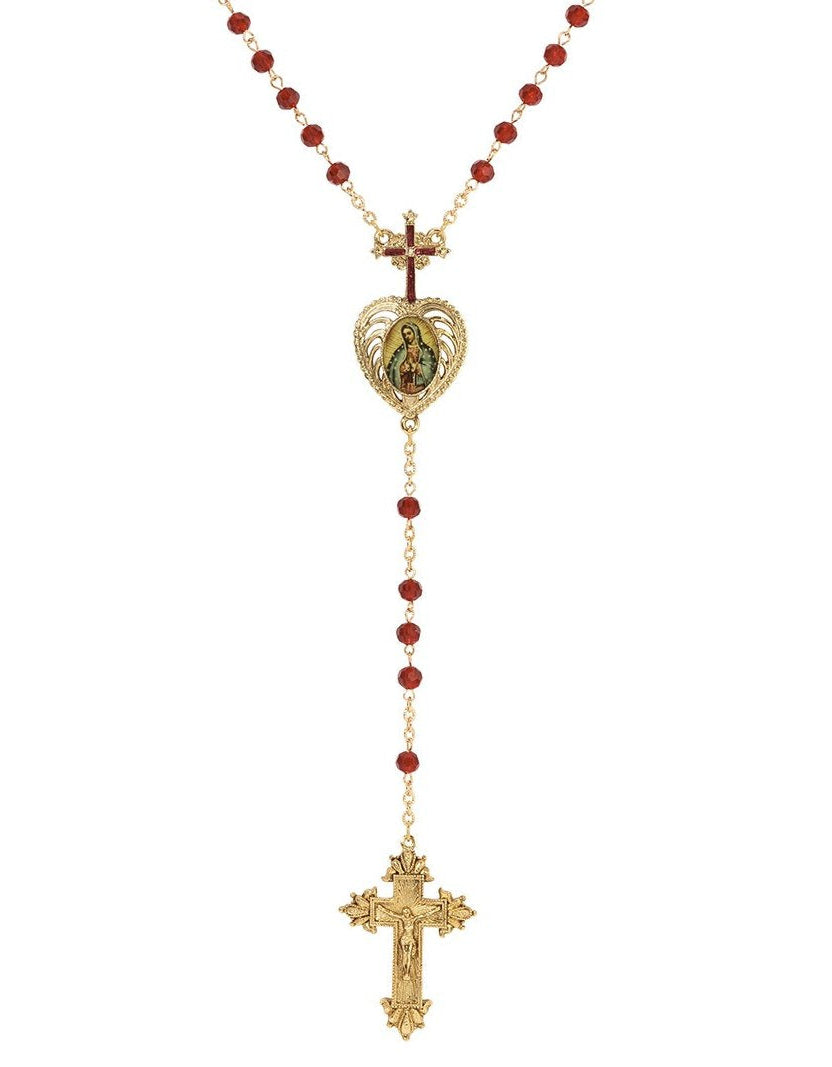 Symbols Of Faith Siam Red Crystal Our Lady of Guadalupe & Crucifix Rosary Necklace