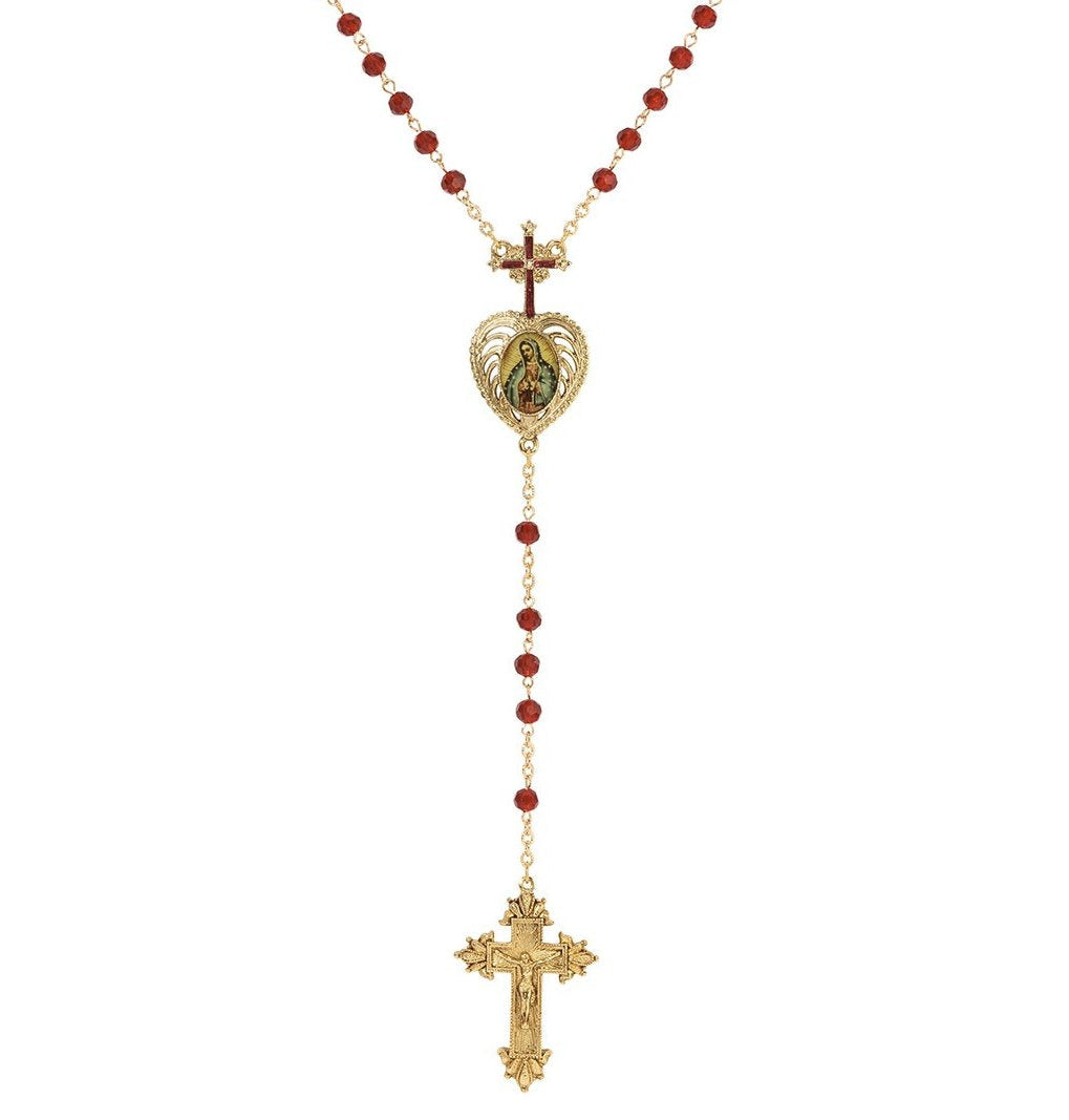 Symbols Of Faith Siam Red Crystal Our Lady of Guadalupe & Crucifix Rosary Necklace