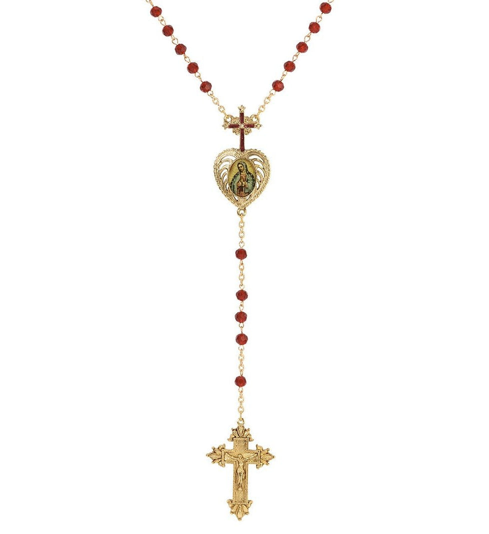 Symbols Of Faith Siam Red Crystal Our Lady of Guadalupe & Crucifix Rosary Necklace