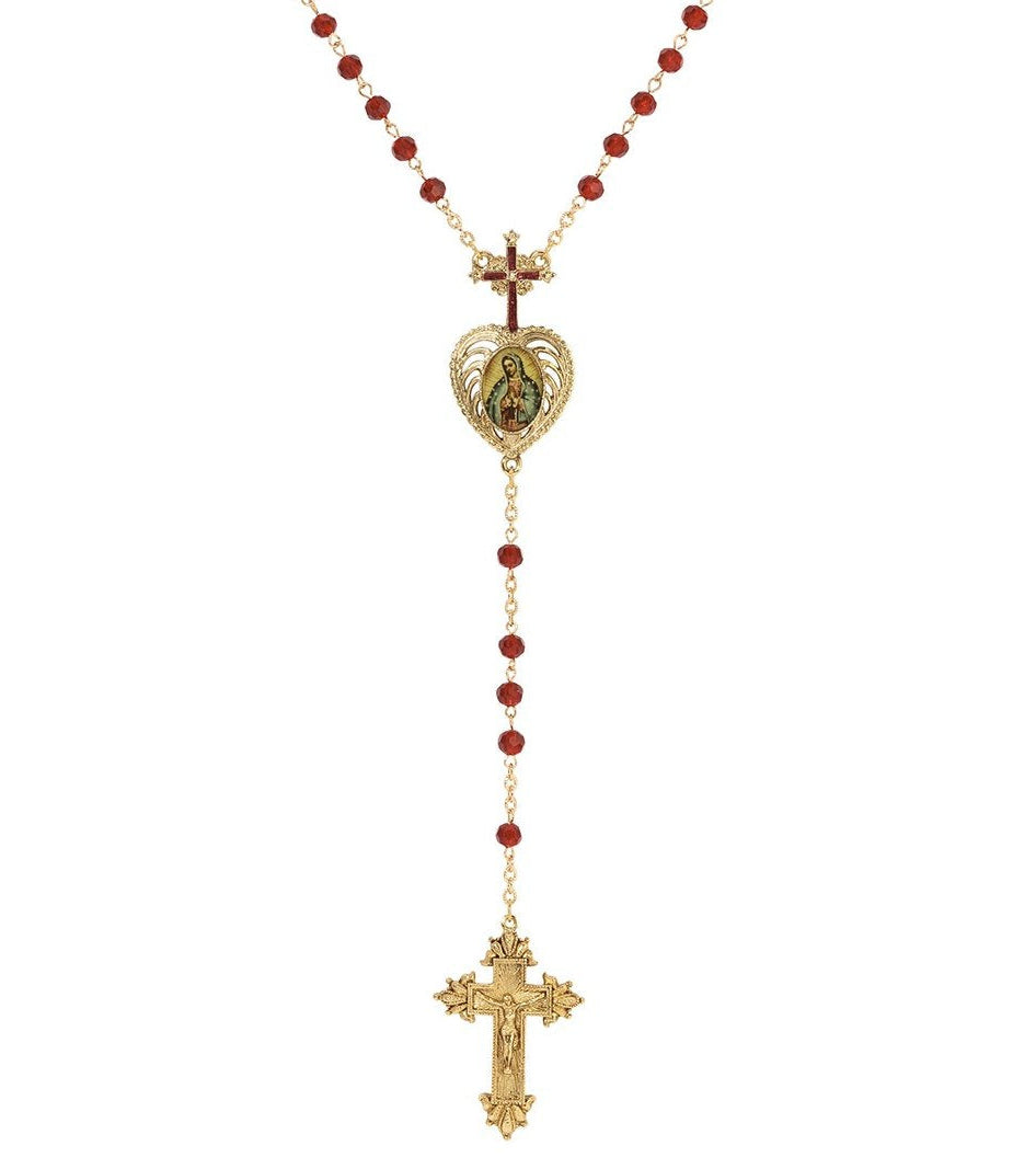Symbols Of Faith Siam Red Crystal Our Lady of Guadalupe & Crucifix Rosary Necklace
