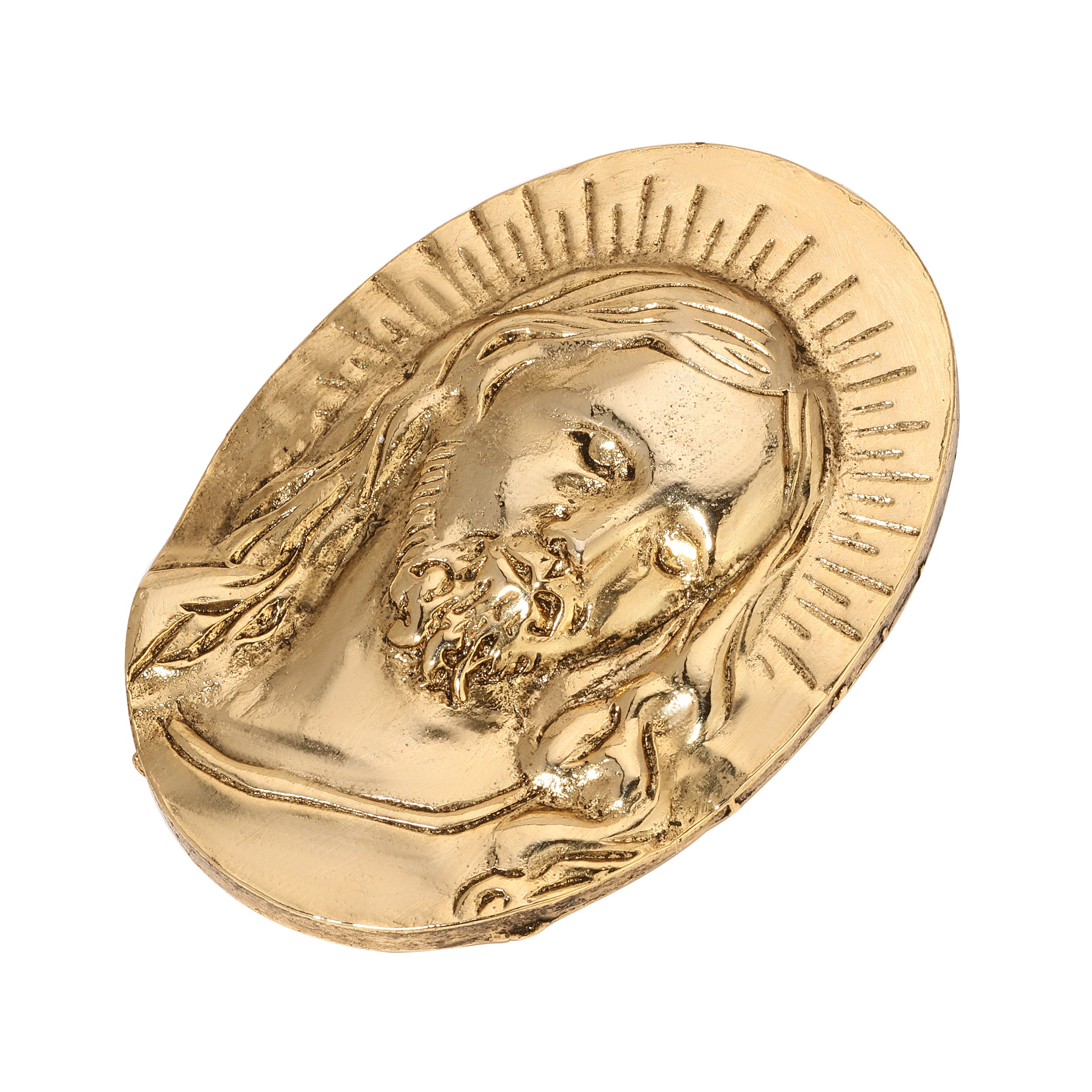 Gold oval pin with a Jesus design on a white background