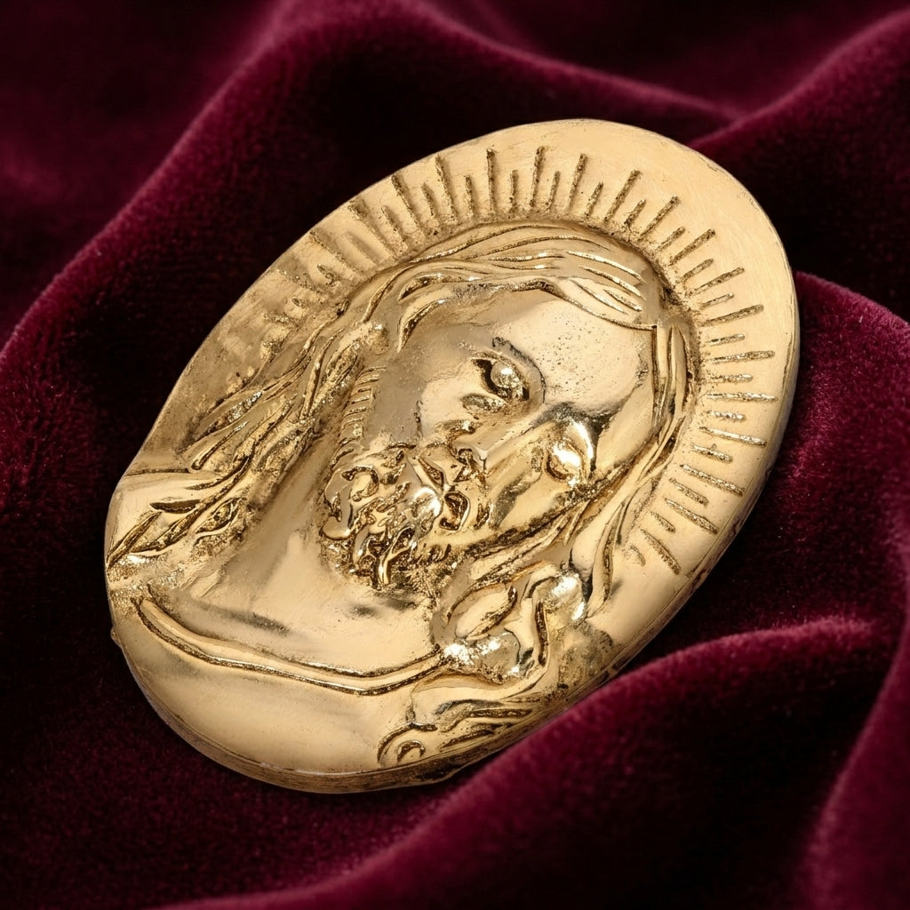 Gold religious brooch placed on a red velvet background