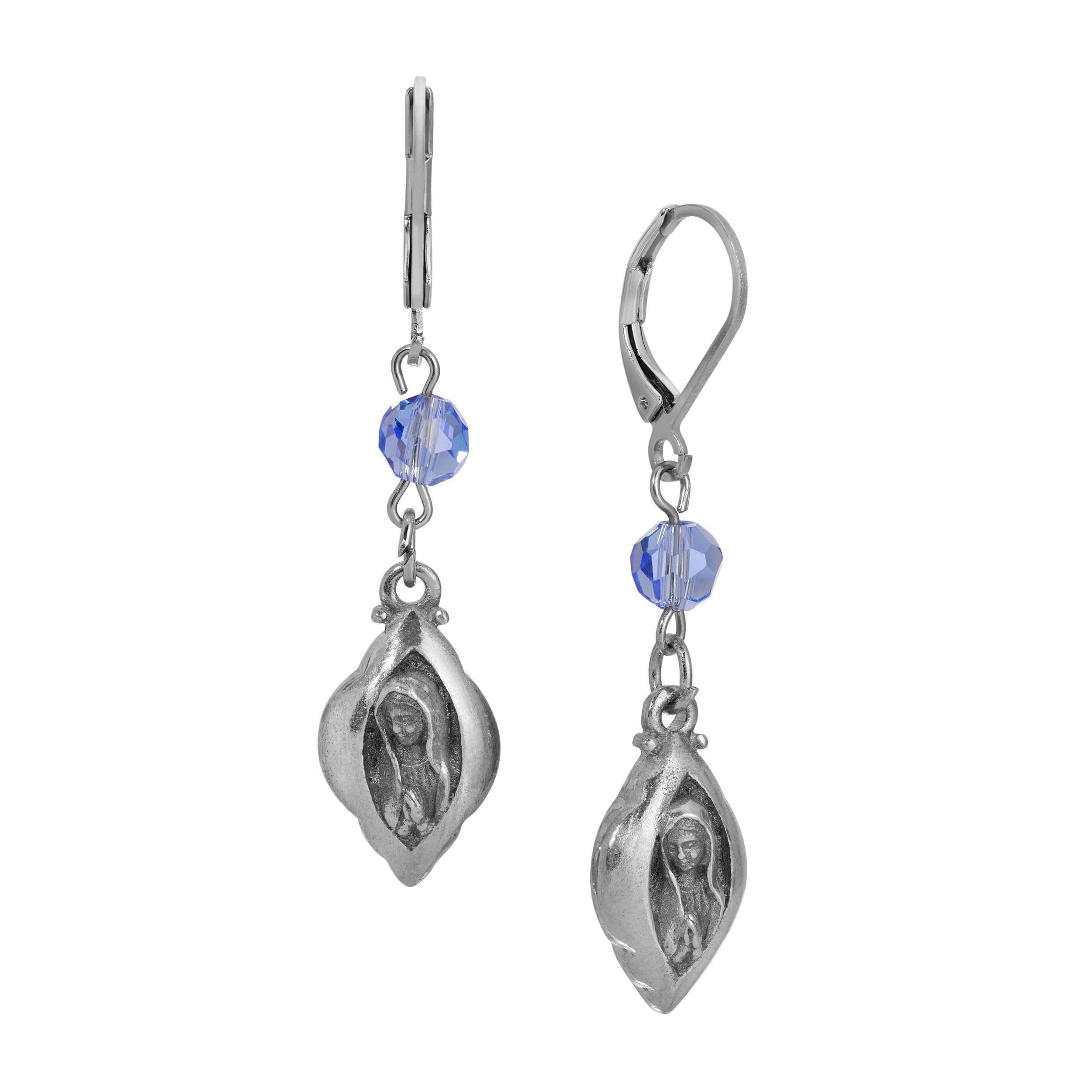 Symbols Of Faith Pewter & Sapphire Virgin Mary Leverback Drop Earrings