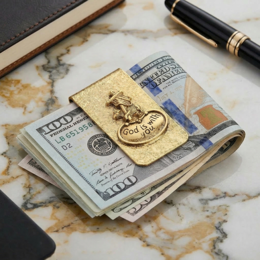 Gold money clip clasping US dollars on a granite desk with a "Gold is with you" engraving
