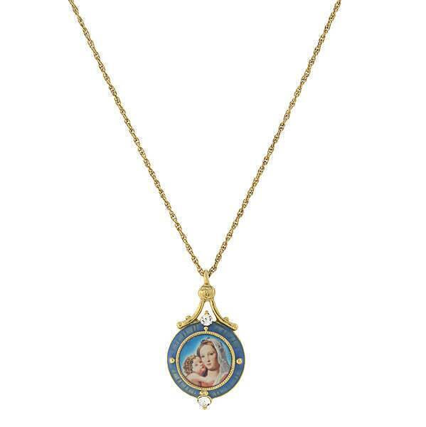 Symbols Of Faith Blue Enamel Mary And Child Pendant Necklace 16" + 3" Extender