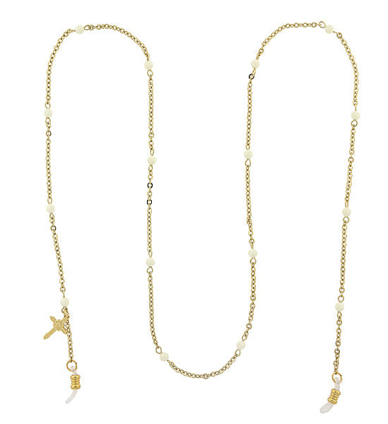 Symbols of Faith White Beaded With Cross Charm Eyeglass Holder Chain Necklace 32"