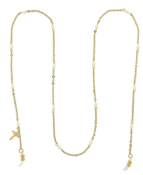 Symbols of Faith White Beaded With Cross Charm Eyeglass Holder Chain Necklace 32"