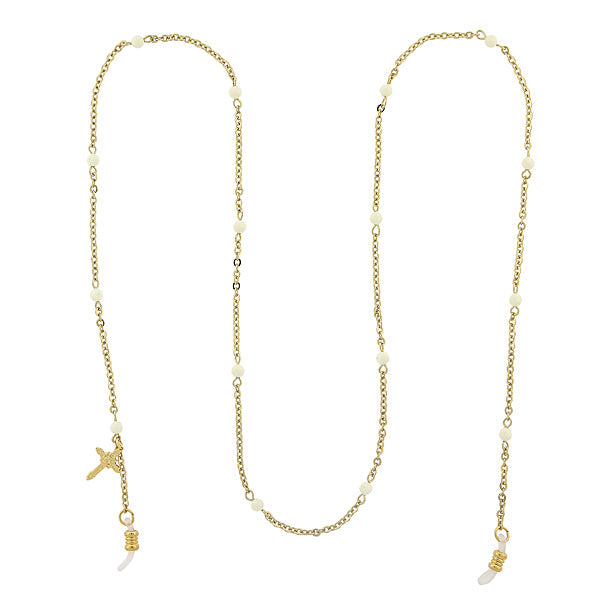 Symbols of Faith White Beaded With Cross Charm Eyeglass Holder Chain Necklace 32"