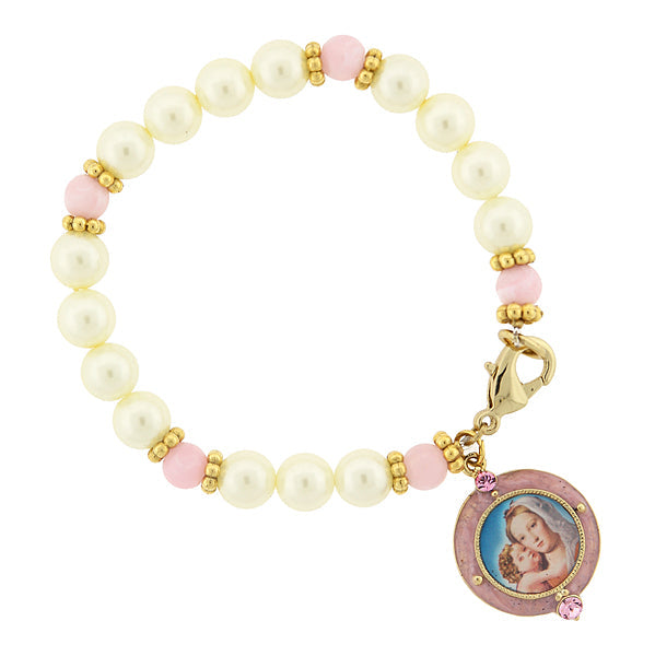 Symbols Of Faith Faux Pearl Pink Bead Crystal Accent Madonna and Child Charm Bracelet