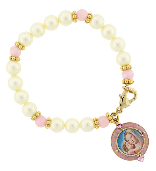 Symbols Of Faith Faux Pearl Pink Bead Crystal Accent Madonna and Child Charm Bracelet