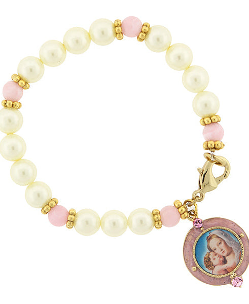 Symbols Of Faith Faux Pearl Pink Bead Crystal Accent Madonna and Child Charm Bracelet