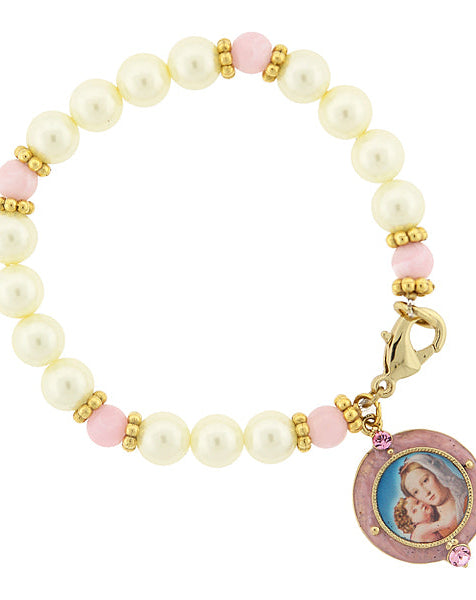 Symbols Of Faith Faux Pearl Pink Bead Crystal Accent Madonna and Child Charm Bracelet
