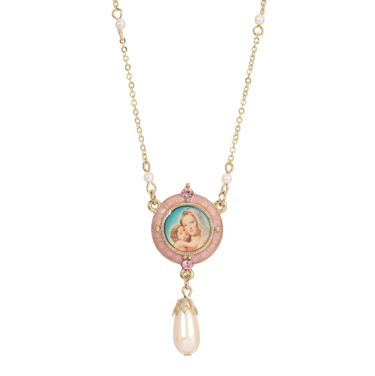 Symbols Of Faith Pink & Faux Pearl Drop Pendant Madonna and Child Necklace 16" + 3" Extender