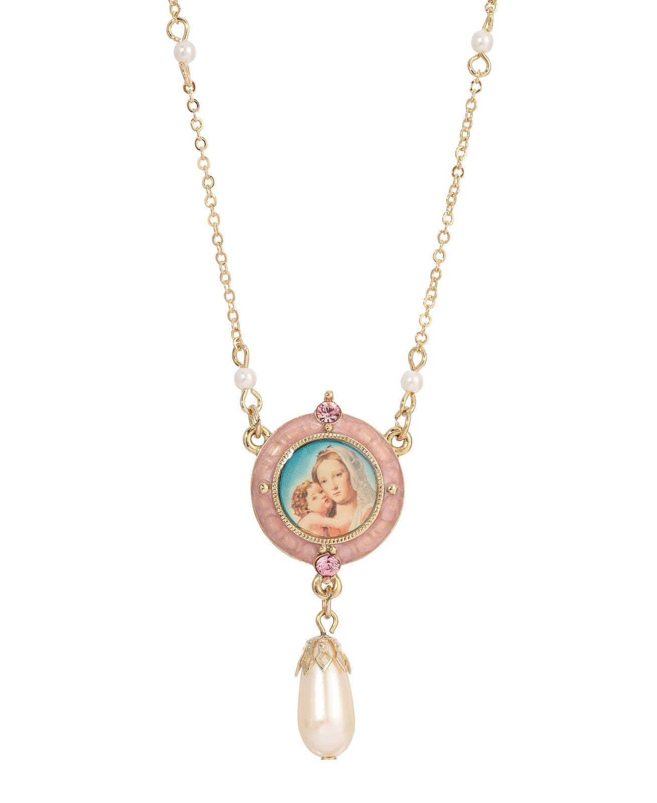 Symbols Of Faith Pink & Faux Pearl Drop Pendant Madonna and Child Necklace 16" + 3" Extender