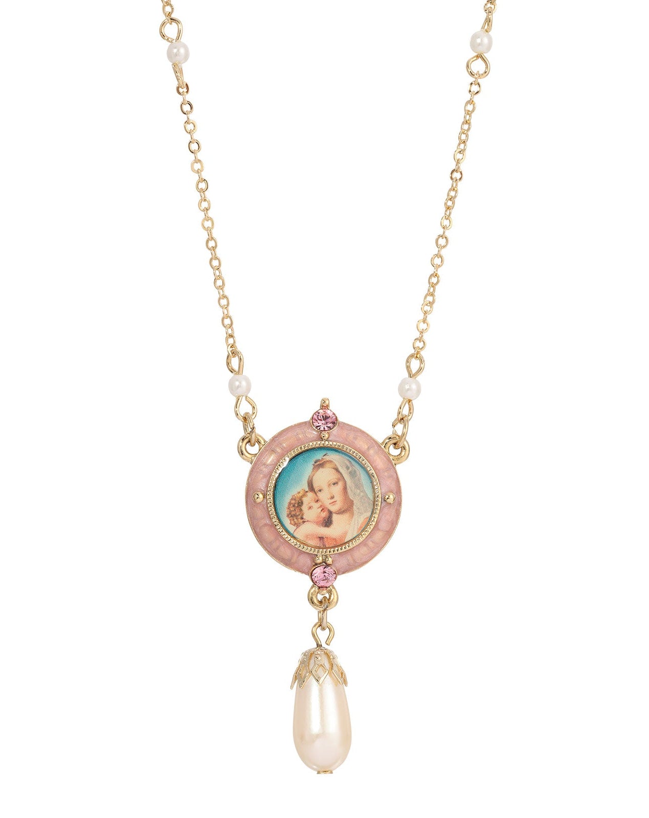 Symbols Of Faith Pink & Faux Pearl Drop Pendant Madonna and Child Necklace 16" + 3" Extender