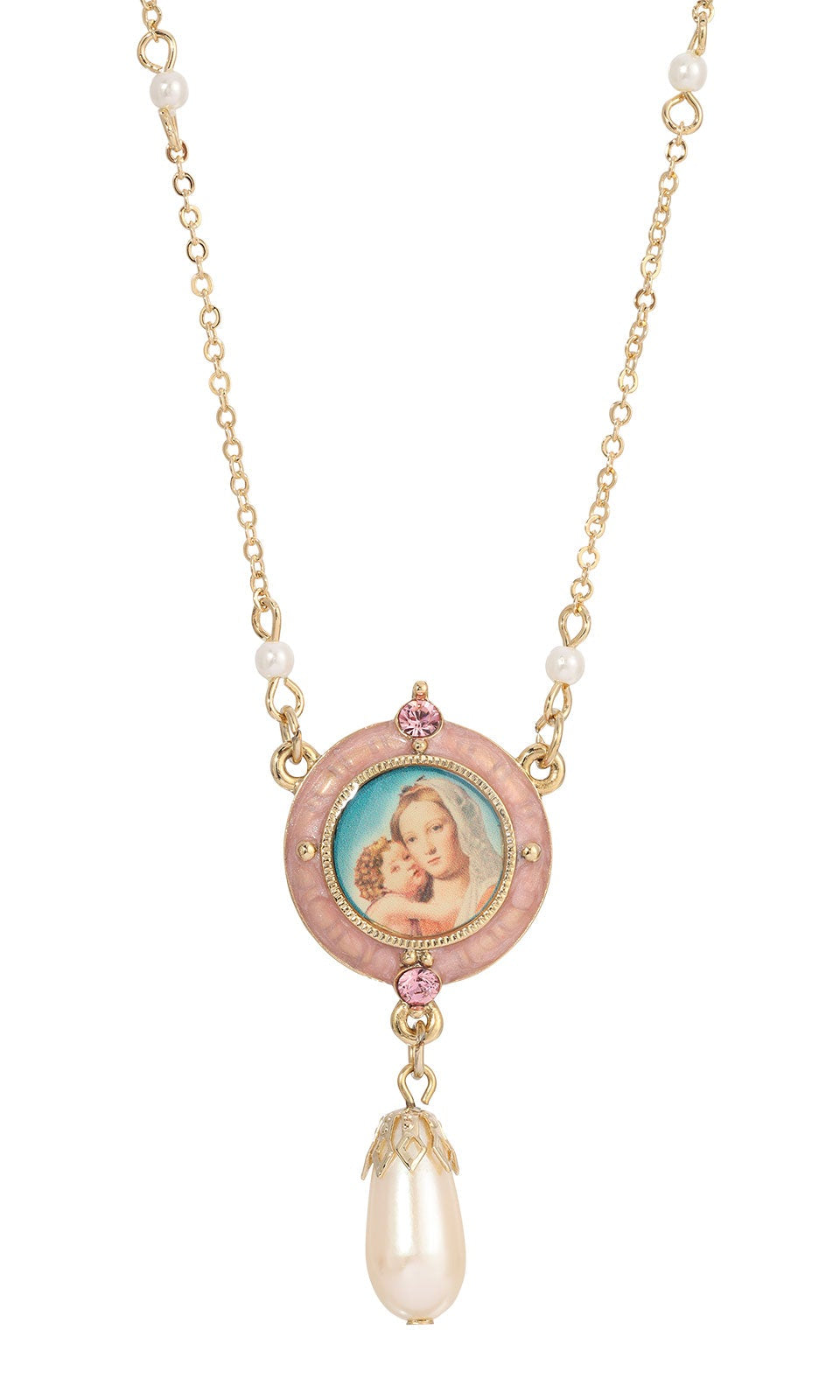 Symbols Of Faith Pink & Faux Pearl Drop Pendant Madonna and Child Necklace 16" + 3" Extender